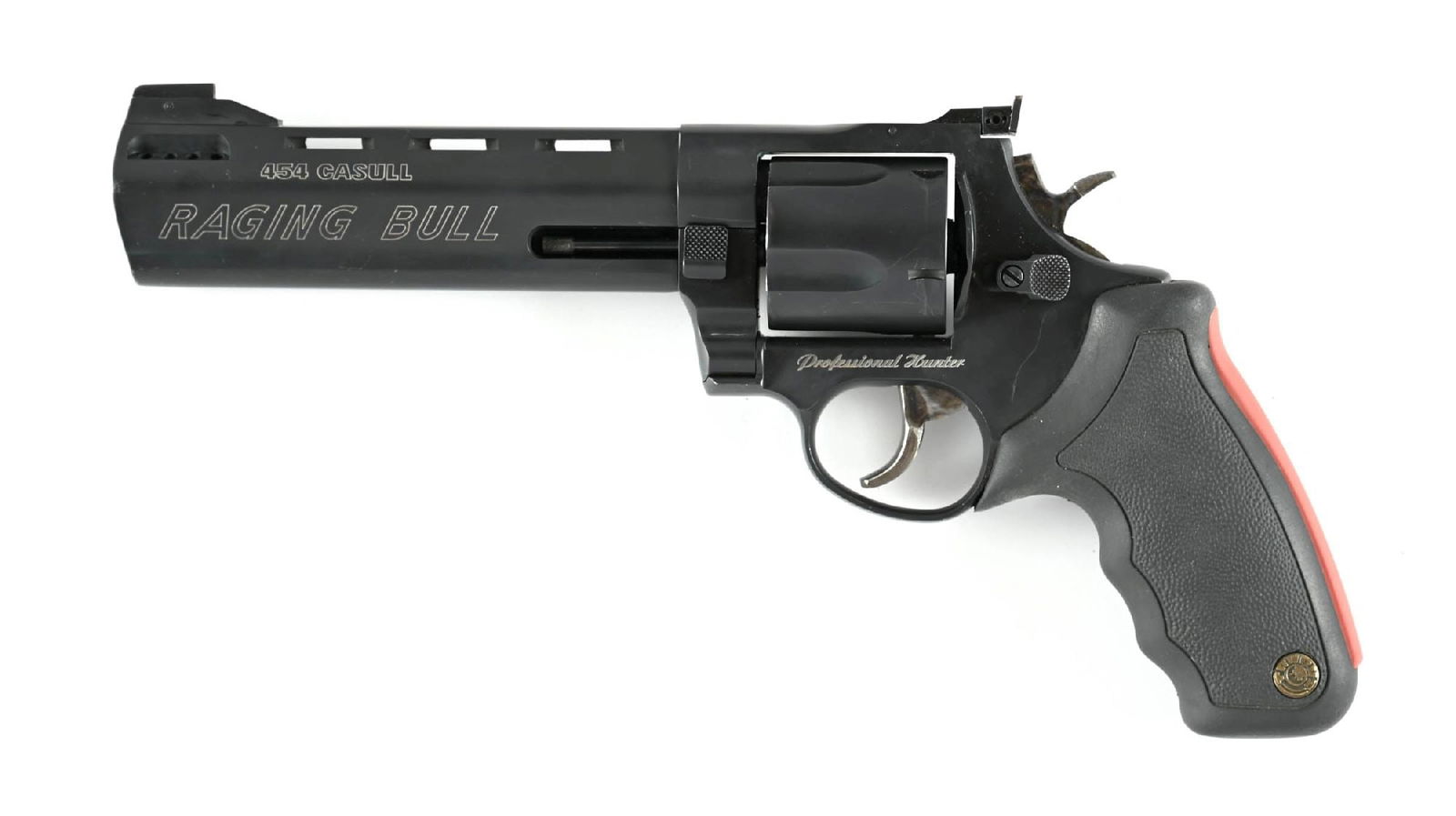 (M) TAURUS RAGING BULL DOUBLE ACTION REVOLVER IN .454 CASULL.: Matte black oxide finish, an adjustable rear sight with white outline, and Patridge style front sight. Ported barrel. CONDITION: Some moderate handling throughout with superficial scratches on frame a