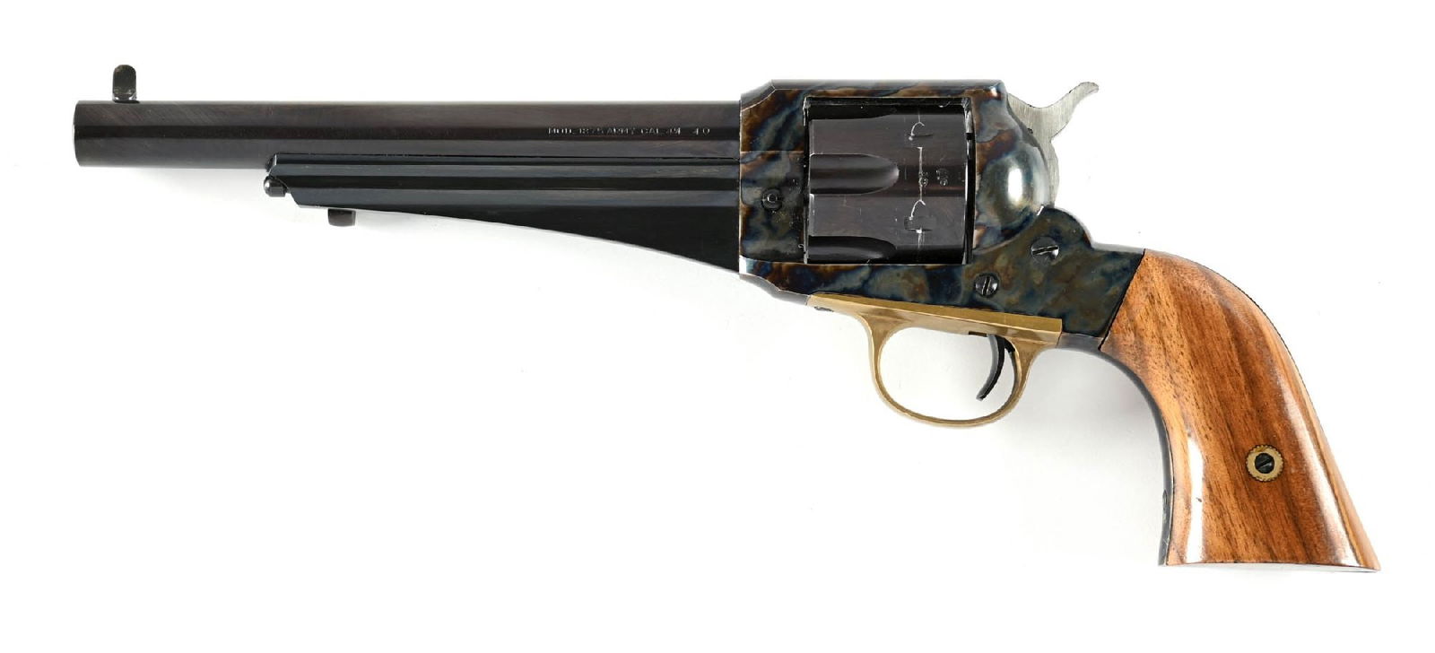 (M) UBERTI 1875 REMINGTON ARMY SINGLE ACTION REVOLVER.: Standard blue and case color finish, walnut grips, brass trigger guard, and high post front sight. CONDITION: Excellent. Revolver retains the majority of its finish with brilliant case color but