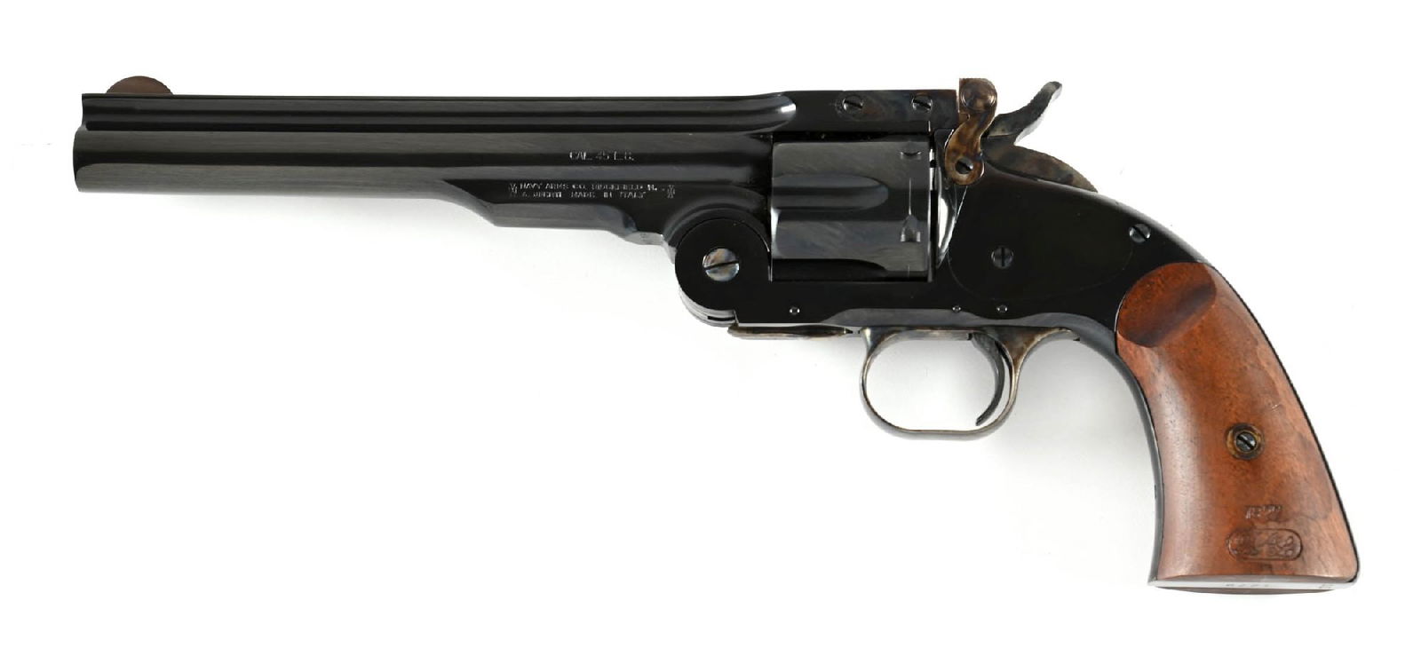 (M) NAVY ARMS MODEL 1875 SCHOFIELD SINGLE ACTION REVOLVER WITH BOX: Blue finish, full barrel rib, half moon front sight, and case colored trigger guard, hammer and barrel latch. The two piece walnut grips exhibit inspector cartouche stamps and US stamp at grip base. C