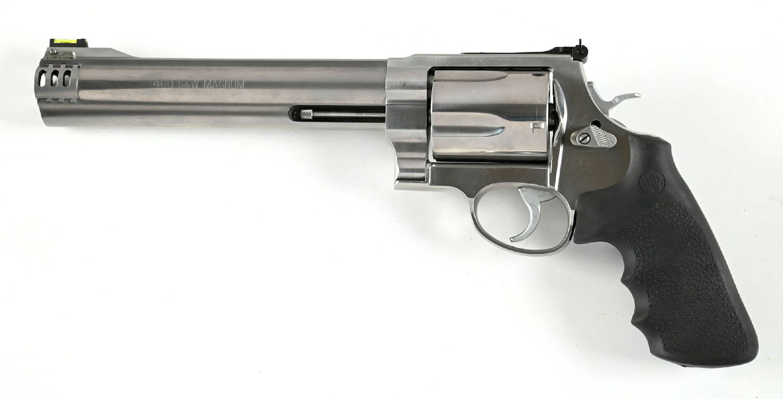(M) SMITH & WESSON 460 XVR DOUBLE ACTION REVOLVER WITH CASE: Stainless steel construction featuring a full lug, solid rib, green fiber optic front sight, adjustable rear sight, a removeable ported muzzle brake, and S&W rubber grips. Comes in matching carry