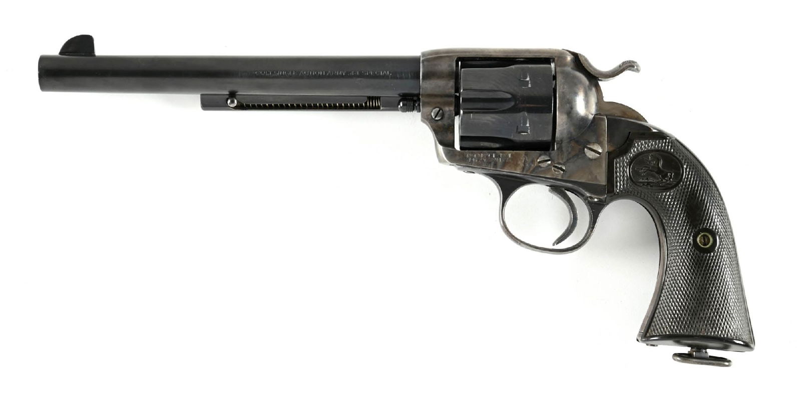 (C) COLT BISLEY .44 SPECIAL SINGLE ACTION ARMY REVOLVER.: This revolver dates to 1901. This gun sports a .44 special Single Action Army barrel and a later cylinder with Colt pony stamped at rear. Standard blue and case color finish. The barrel has been reblu