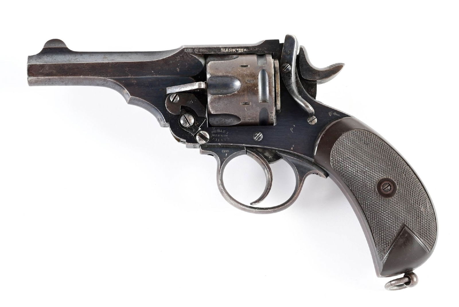 (C) WEBLEY MARK III .455 DOUBLE ACTION REVOLVER.: It sports the blue finish, octagon barrel, gutta percha birdshead grips, and lanyard. The maker and model legend appear on the left side of frame and top strap. Back strap has a unit or rack number st