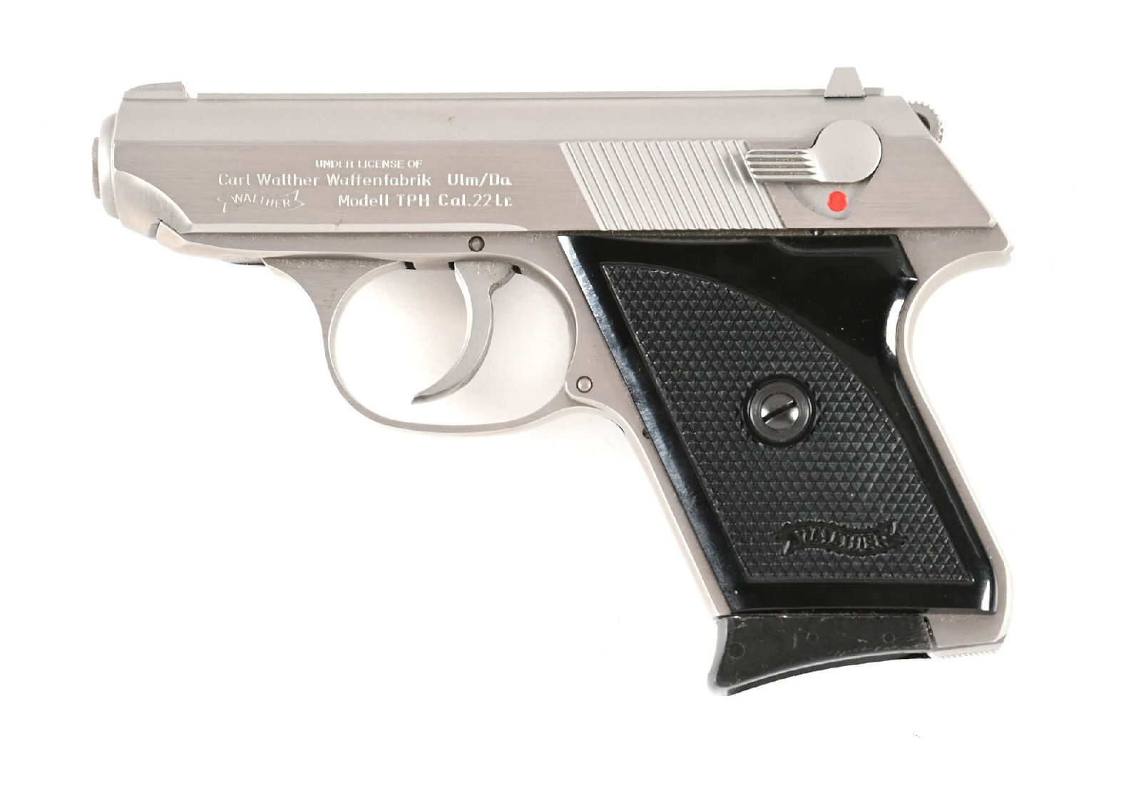 (M) WALTHER TPH SEMI-AUTOMATIC PISTOL.: Stainless steel construction with checkered black plastic grips. Comes in original numbers matching box with full label and all instructions and paperwork. CONDITION: Exceptionally fine with little ev