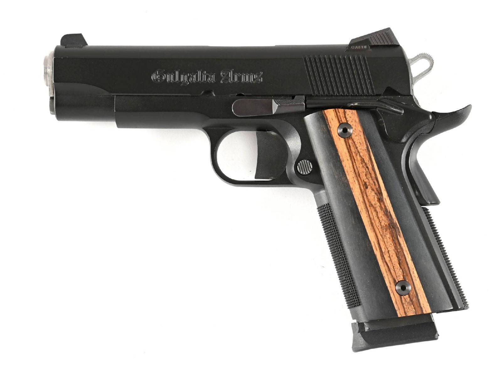 (M) GULGALTA ARMS COMMANDER SIZE 1911 SEMI-AUTOMATIC PISTOL.: Manufactured in Shelburne Connecticut with Commander length barrel and slide. Match barrel, full length guide rod. Long flat face target trigger and beavertail grip safety. Checkered front strap and f