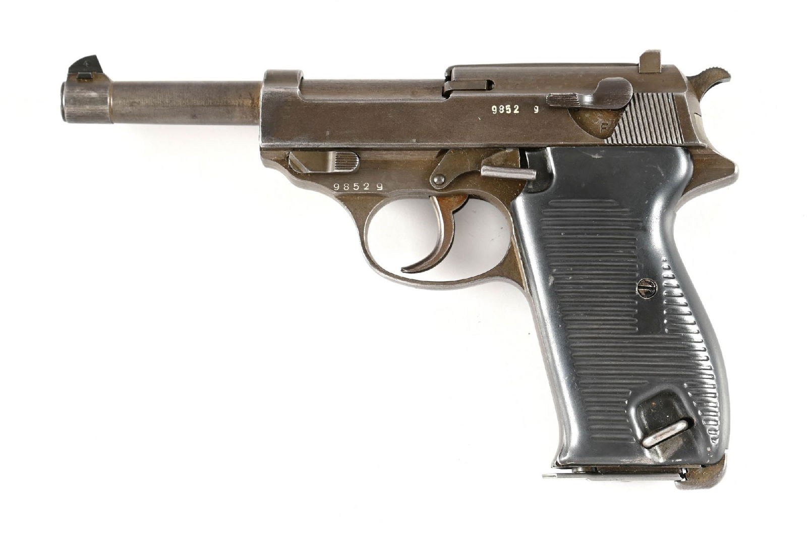 (C) FRENCH MANUFACTURED MAUSER P38 GRAY GHOST SEMI-AUTOMATIC PISTOL.: Manufactured post-War under French control with 5 pointed star indicating production by the "Free French". Serial number "9852g" on frame, slide barrel, and locking toggle. No SVW markings or date on