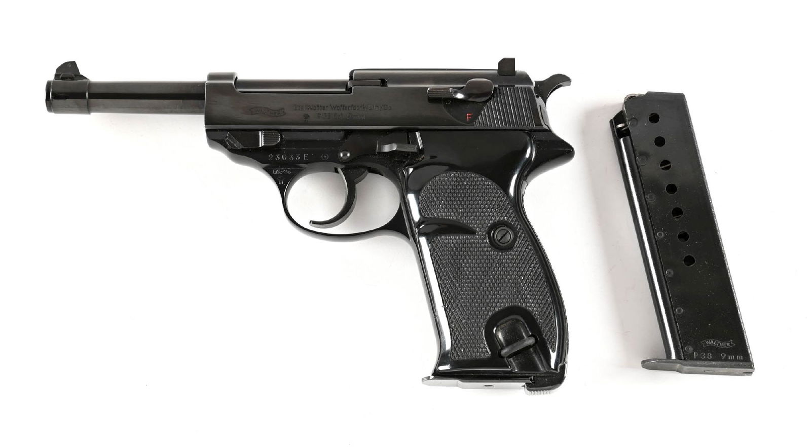 (C) COMMERCIAL HIGH POLISH WALTHER P38 SEMI-AUTOMATIC PISTOL. (1 of 3)