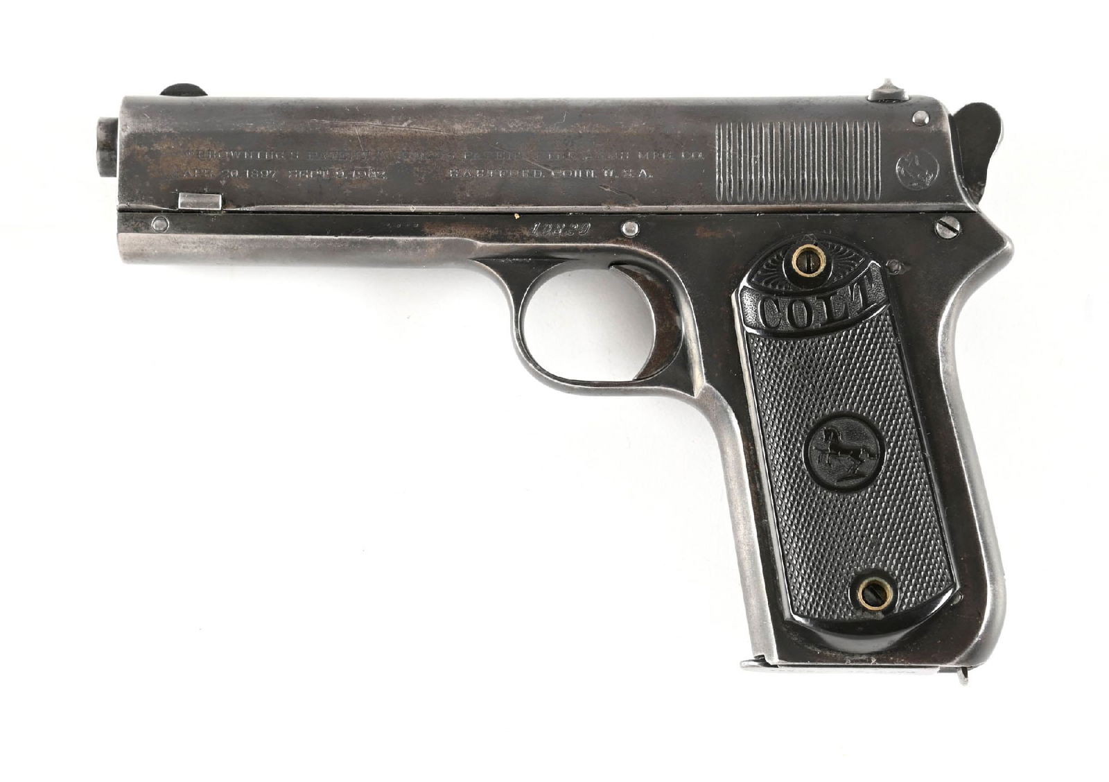(C) COLT 1903 POCKET HAMMER SEMI-AUTOMATIC PISTOL.: Dates to 1905. This early example has the Browning 1902 patent stamp on left side of slide and features the round case color hammer, blue finish, round butt, round edge dovetailed front sight, fixed s