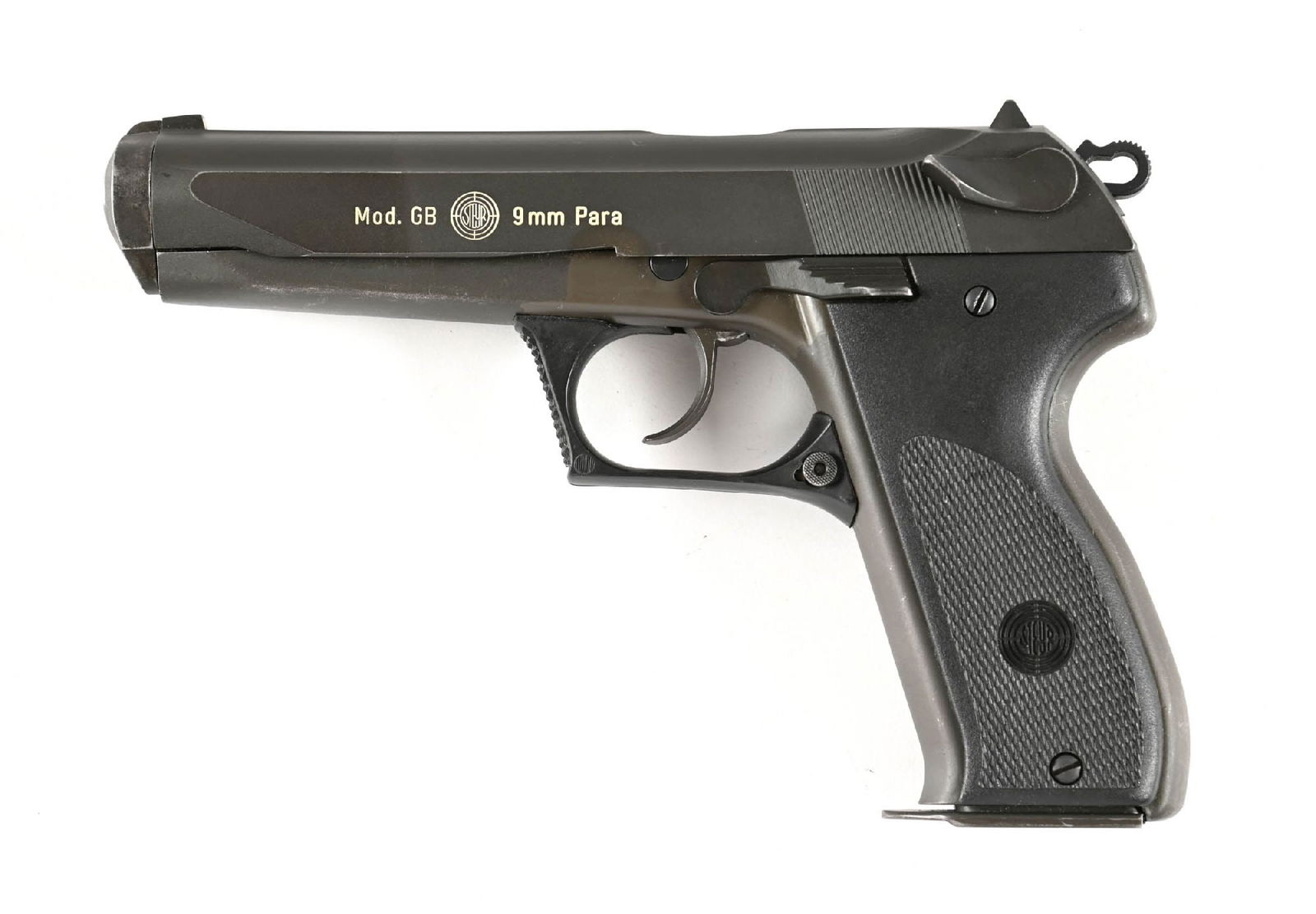 (M) STEYR GB 9MM SEMI-AUTOMATIC PISTOL WITH BOX.: Manufactured 1983 with Blue finish and black checkered 2 piece plastic grips with Steyr monograms. Housed in factory numbers matching box with cleaning kit. CONDITION: Very fine with 97% finish with s