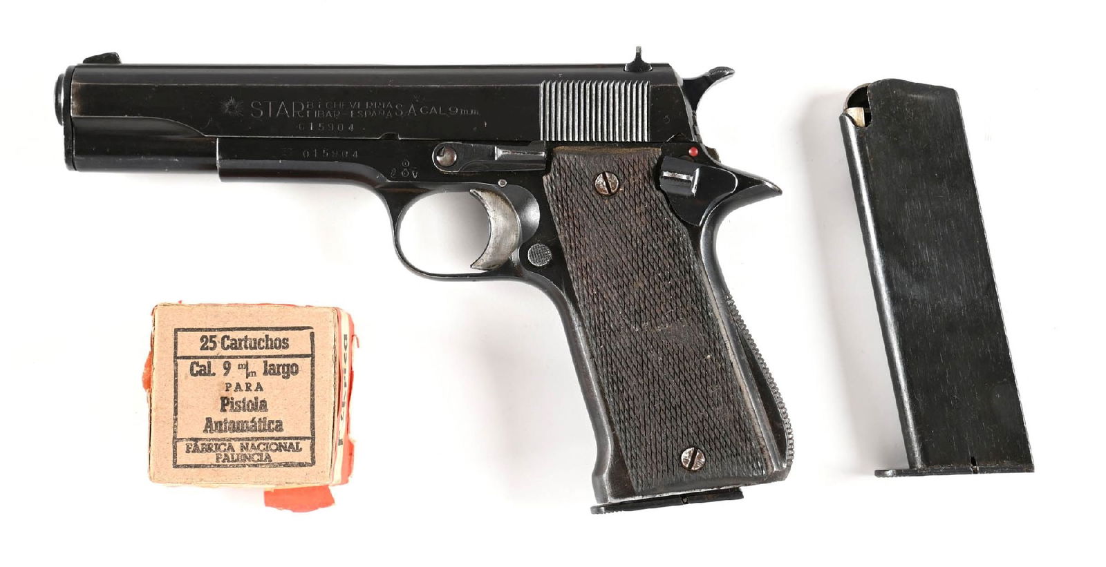 (C) STAR SUPER SEMI-AUTOMATIC 9MM LARGO PISTOL.: These Super Models were produced beginning around 1946. Right side of slide has the Star legend with Spain and the Interarms import stamp on frame. This pistol was rebuilt and arsenal refinished for e
