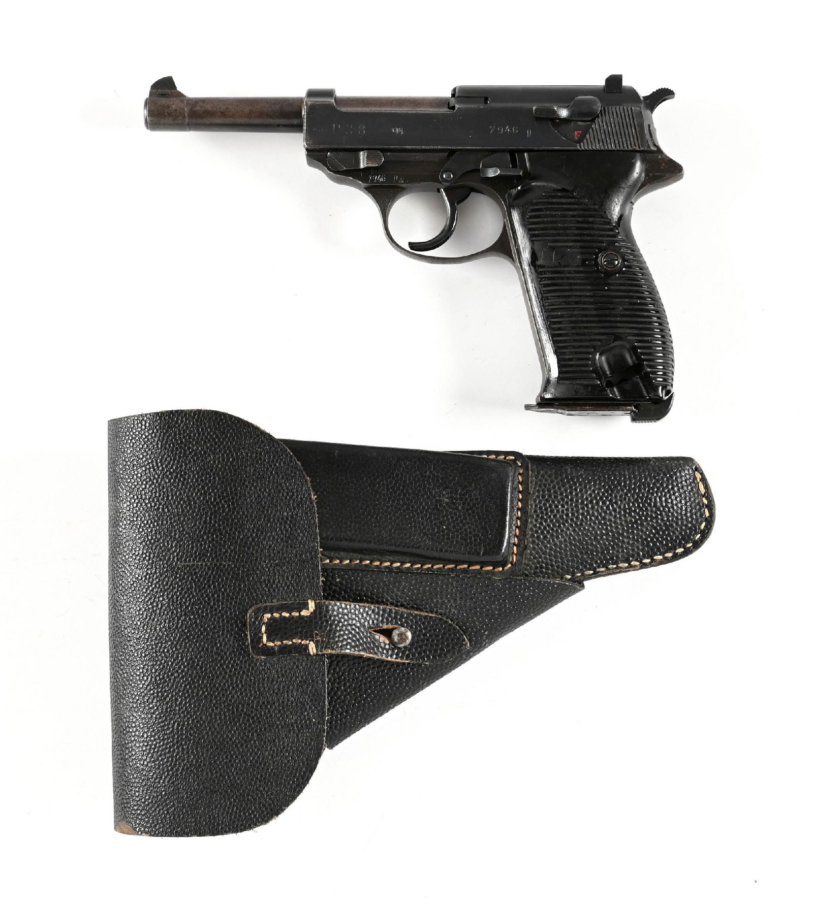 (C) WWII SPREEWERK CYQ P-38 SEMI AUTOMATIC PISTOL WITH HOLSTER.: Standard WWII production German army issue pistol. The left side of slide has the "cyq" legend for Spreewerk. Shows the arsenal blue finish with black plastic grips. Retains all visible external match