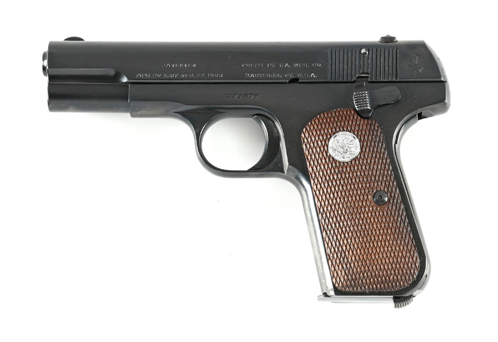 (C) COLT MODEL 1903 POCKET HAMMERLESS .32 ACP SEMI-AUTOMATIC PISTOL.: Manufactured in 1917 with blued finish and checkered walnut grips. CONDITION: Very good, the pistol has a professionally applied modern blue finish over some pinprick pitting. Light handling marks, ex