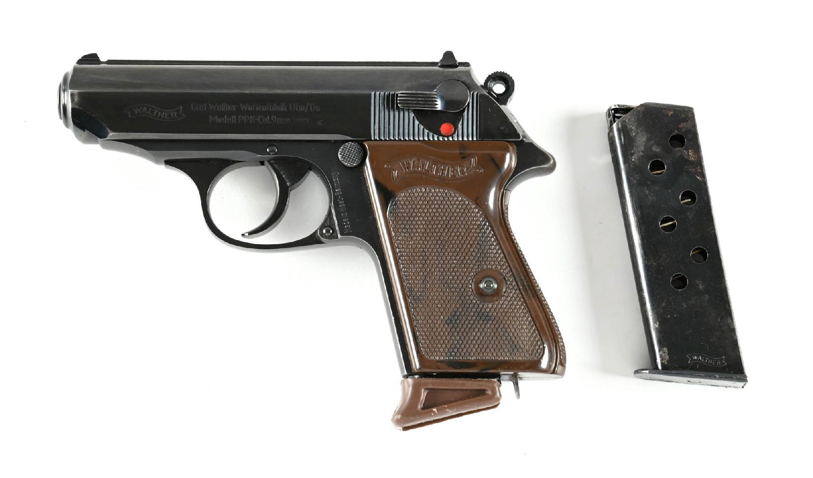 (C) WEST GERMAN MARKED WALTHER PPK SEMI-AUTOMATIC PISTOL.: Manufactured in West Germany in 1966 as evidenced by the Ulm proofs on the barrel. The serial numbers are all matching. The pistol features a loaded chamber indicator pin. The pistol has a high polish
