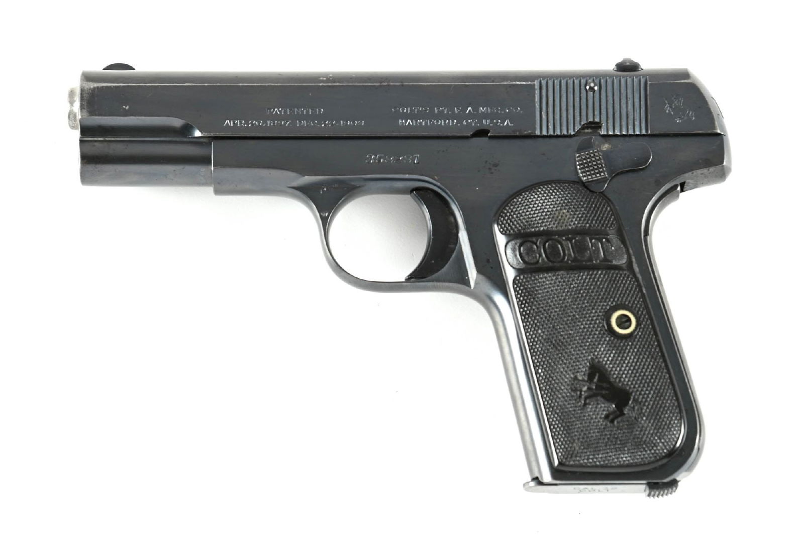 (C) COLT MODEL 1903 POCKET HAMMERLESS SEMI AUTOMATIC PISTOL.: Manufactured in 1920. Features a blued finish with gutta percha grips. Pistol has the correct temper line magazine. CONDITION: Pistol has scattered freckling overall and some high edge wear, mainly at