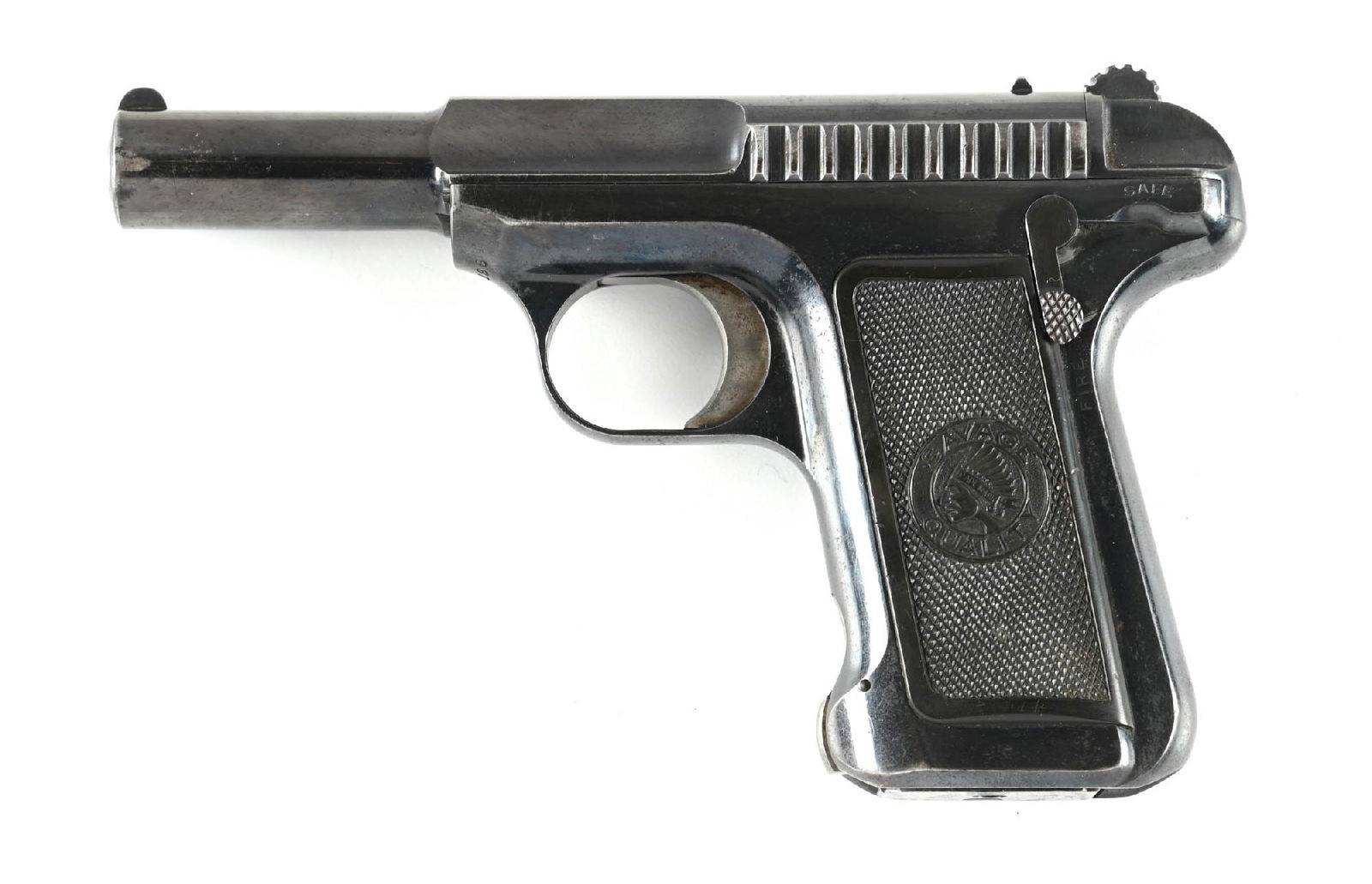 (C) SAVAGE MODEL 1907 SEMI-AUTOMATIC PISTOL.: Manufactured by Savage circa 1913. Features a high polished blued finish and a cog hammer. CONDITION: The finish is thinning in areas, with scattered handling marks and mottling throughout, and with s