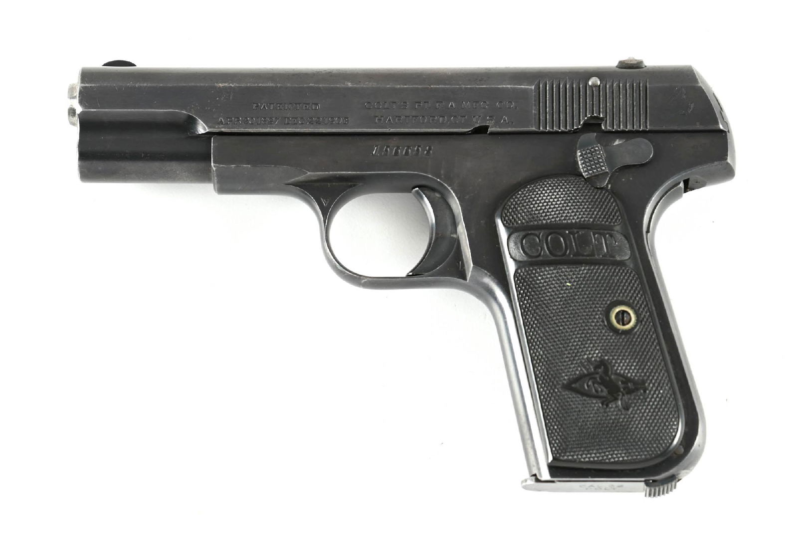 (C) COLT MODEL 1903 POCKET HAMMERLESS SEMI-AUTOMATIC PISTOL (1913).: Manufactured 1913. Features a high polish blued finish with fixed sights. Early style Colt logo gutta percha grips. The verified proof is present on the trigger guard, as are all the appropriate roll