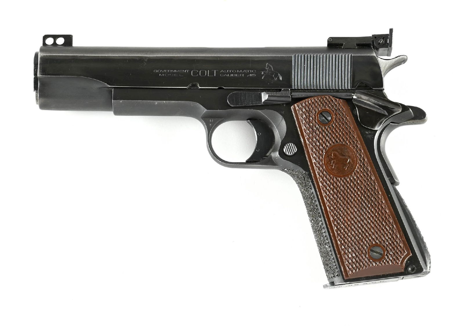 (C) NEW YORK STATE MARKED COLT 1911 SEMI-AUTOMATIC PISTOL.: Manufactured in 1950 and later customized with Bo-Mar target sights and a stippled front strap. Early style Coltwood plastic grips. Marked "PROPERTY OF THE STATE OF NEW YORK" on right side of slide. C