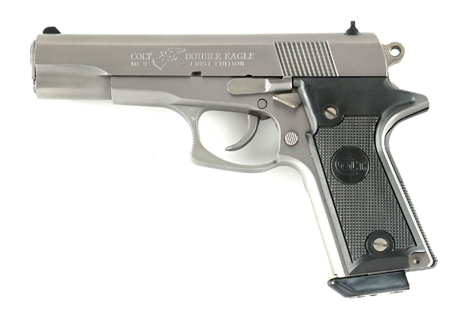 (M) FIRST EDITION COLT DOUBLE EAGLE SEMI AUTOMATIC PISTOL.: This was a limited production of 1000 released in 1989. Built along the lines of a 1911 Government Model with a blued wind drift white dot rear sight, a white dot front, Colt black composition grips,
