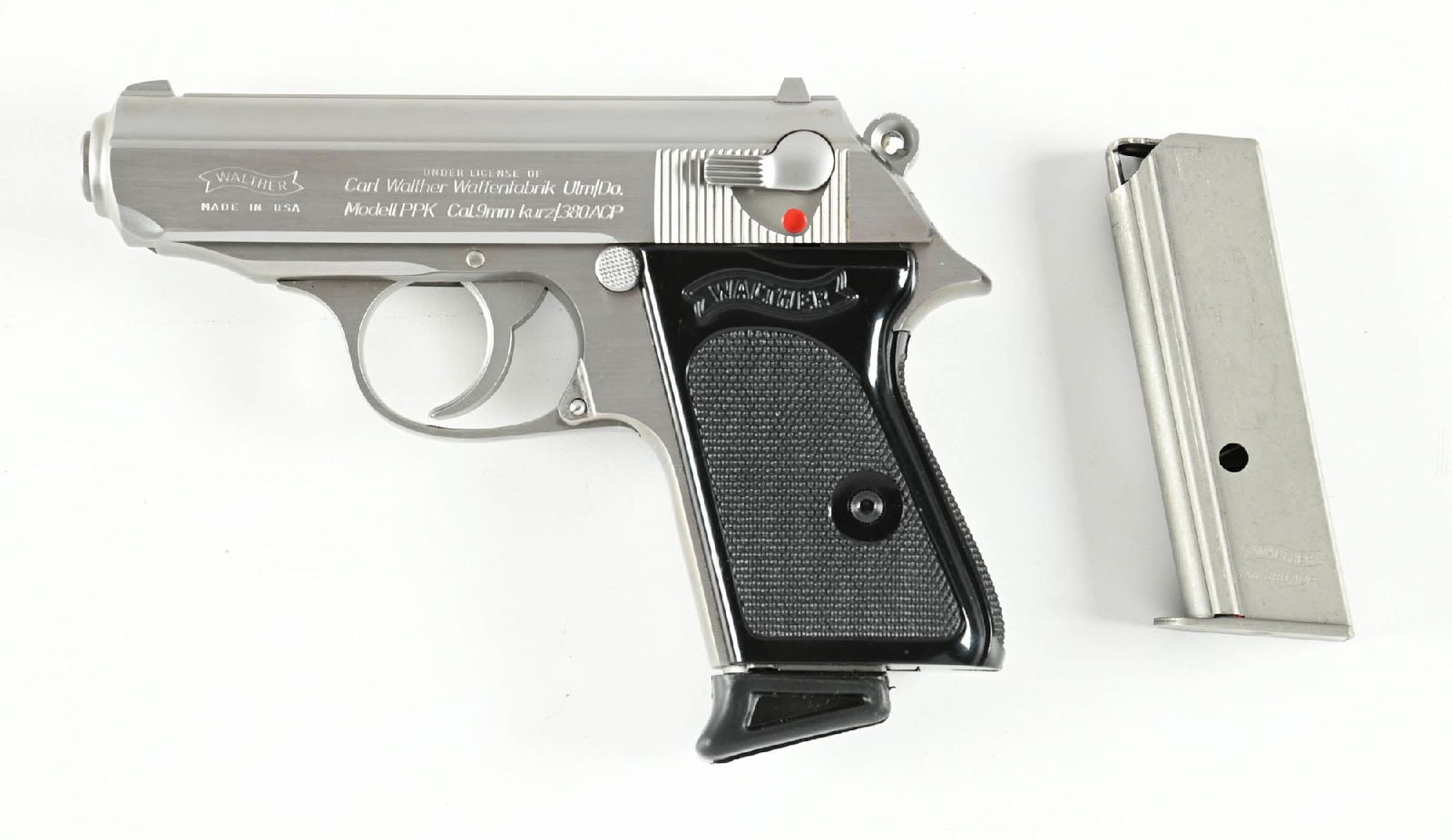 (M) WALTHER PPK SEMI-AUTOMATIC PISTOL.: Manufactured under license of Carl Walther by Walther USA with an all-stainless construction. Black wraparound grips. Comes with two factory magazines, one each flat bottom & finger extension. Comes w