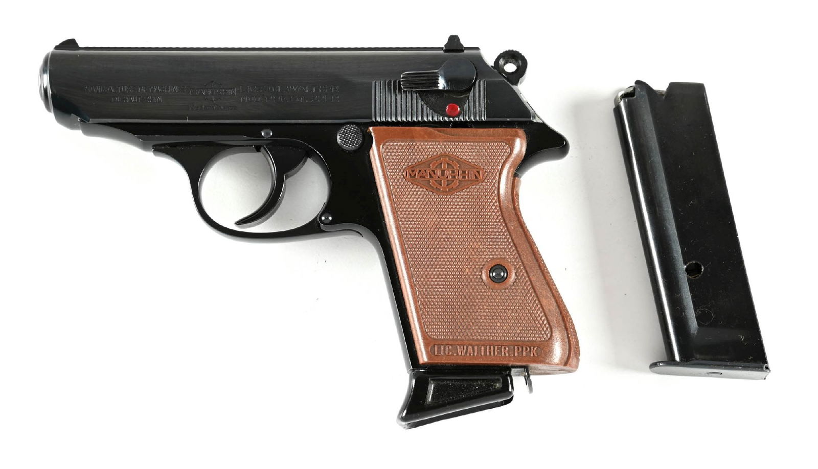 (C) BOXED FRENCH MANURHIN WALTHER PPK .22 SEMI-AUTOMATIC PISTOL.: Built in France under Walther license beginning 1952. These are extremely well made and finished with the bright commercial blue. French licensed legend on slide and the Manhurin embossed wrap around