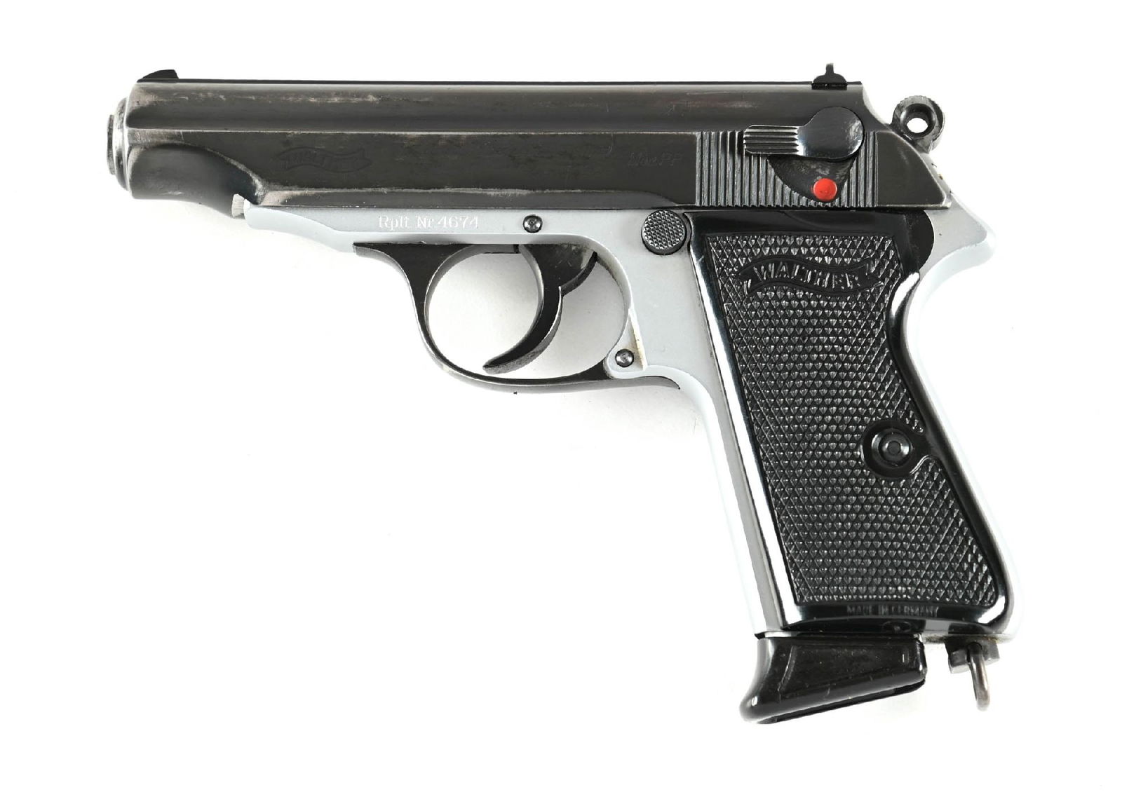 (C) SCARCE WWII ERA DURALUMIN FRAME WALTHER PP SEMI AUTOMATIC PISTOL (1940).: The blued slide features a matted rib, a wind drift rear sight, and lightweight hammer. Black Walther banner checkered composition grips with the lanyard loop. Walther banner magazine. The left side o