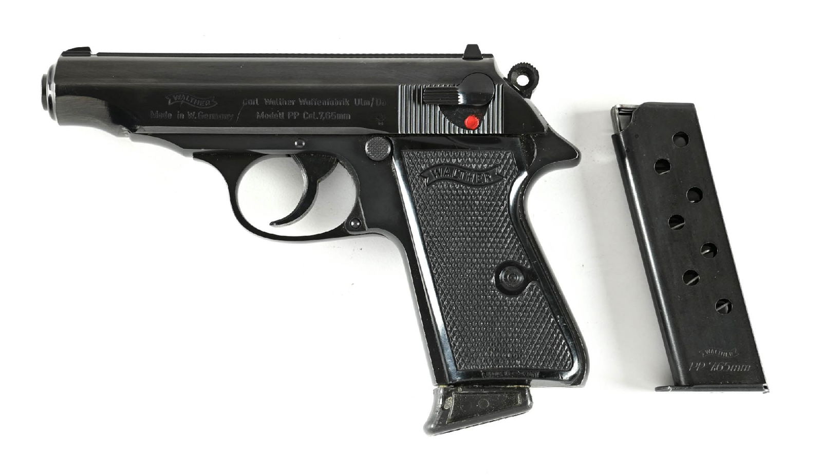 (M) WEST GERMAN MARKED WALTHER PP SEMI-AUTOMATIC PISTOL WITH BOX.: Post-War, "(eagle) / N" proofed with the Interarms Importer legend on left side of slide. Standard blue finish, white dot sights, matted rib, and Walther banner checkered black grips. Comes in matchin