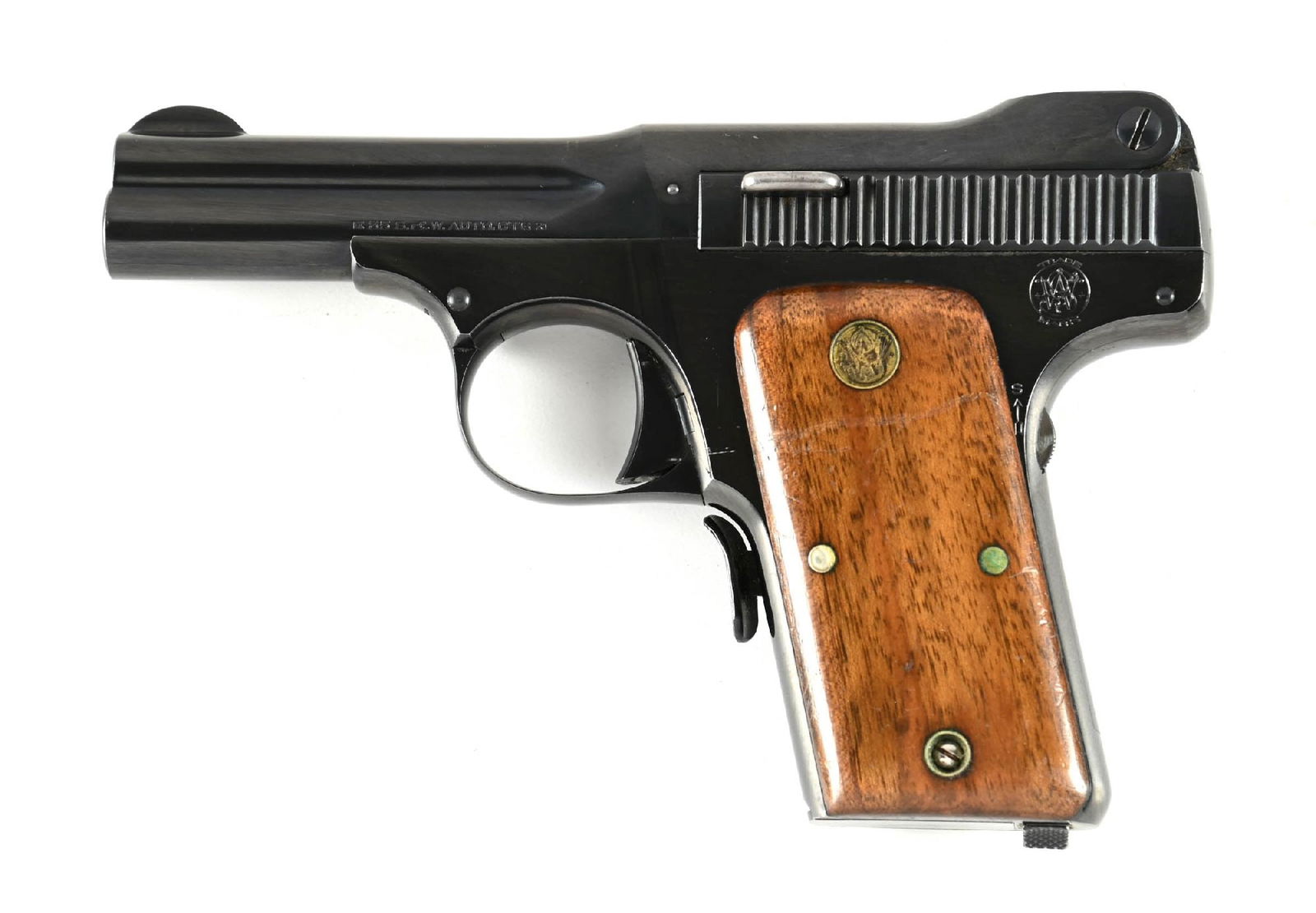 (C) SMITH & WESSON MODEL 1913 SEMI-AUTOMATIC PISTOL.: Finished in factory bright royal blue and sporting smooth walnut grips with golden medallions. The three line factory legend is atop the slide. Front strap features a small grip safety. CONDITION: Sho