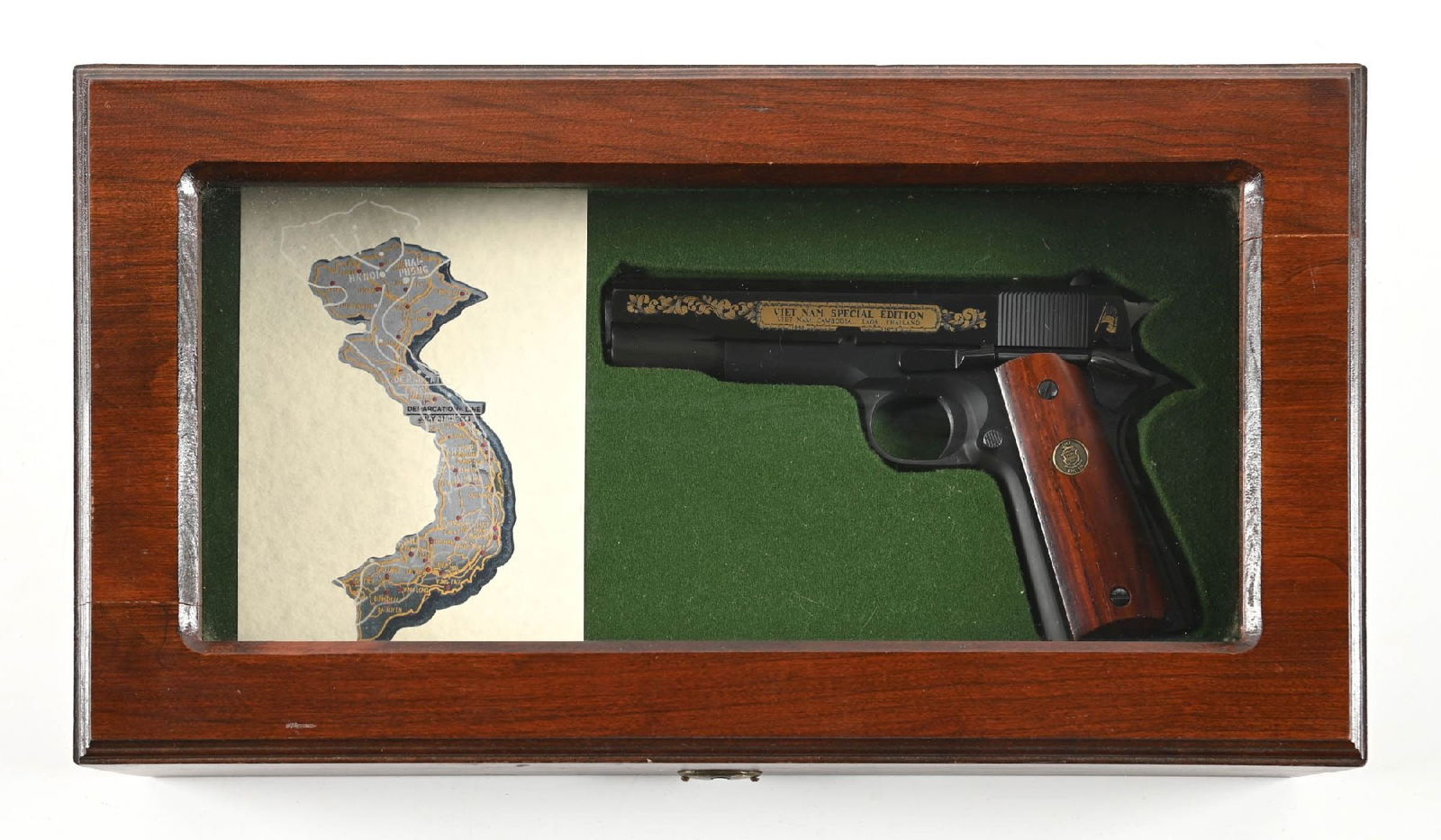 (M) VIET NAM SPECIAL EDITION COMMEMORATIVE COLT MARK IV SERIES 70 SEMI-AUTOMATIC PISTOL.: The factory letter states that this is one of 200 specially made pistols from the custom gun shop. It was shipped to a shop in Needham, Massachusetts, on December 4, 1981 and finished in royal blue. T