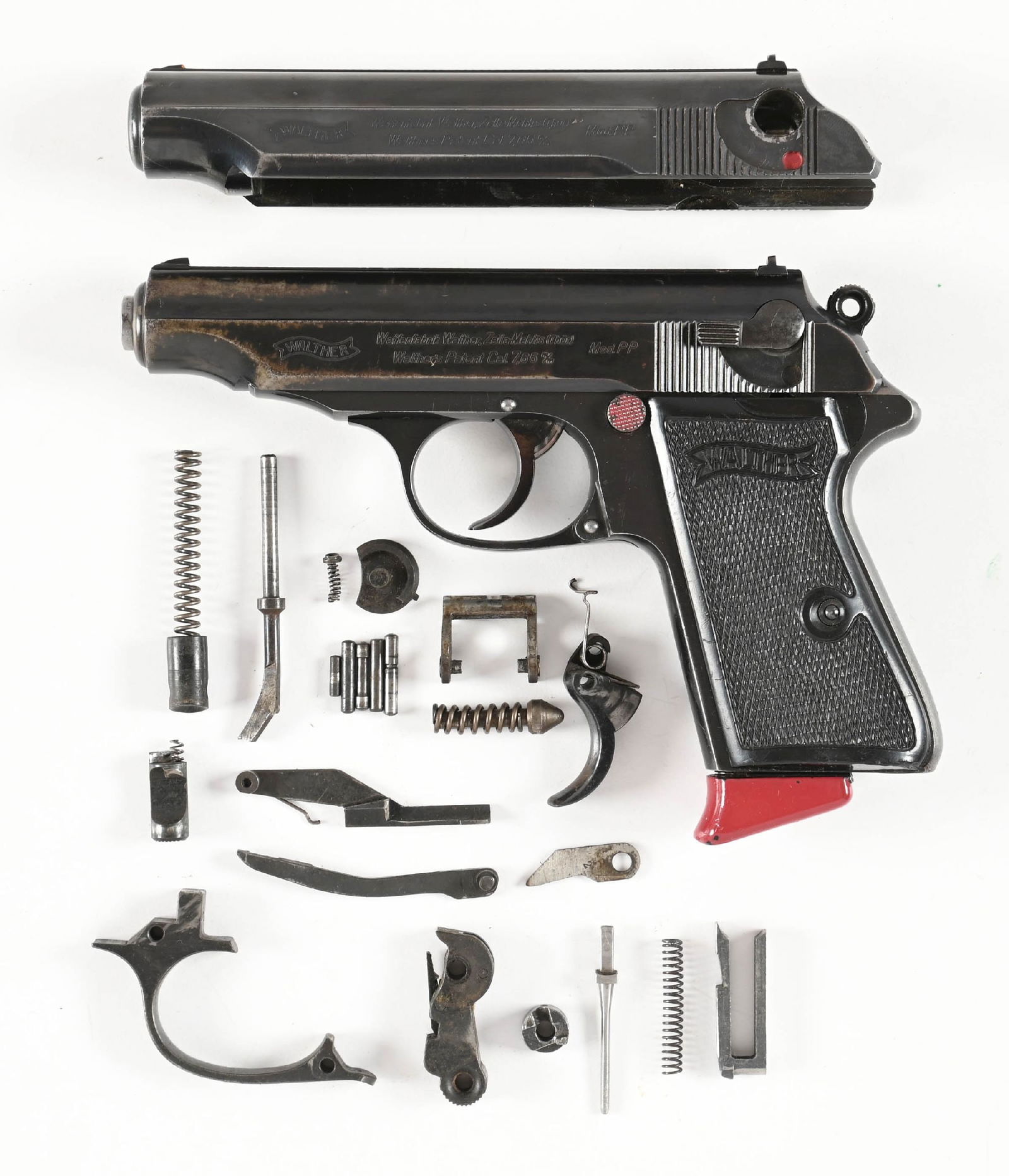 (C) GERMAN WALTHER PP SEMI-AUTOMATIC PISTOL.: Standard blue finish, matted barrel, lightweight hammer, dovetail rear sight, black Walther banner black composite grips, and standard N proofs on frame and slide. Comes with an extra renumbered N pro