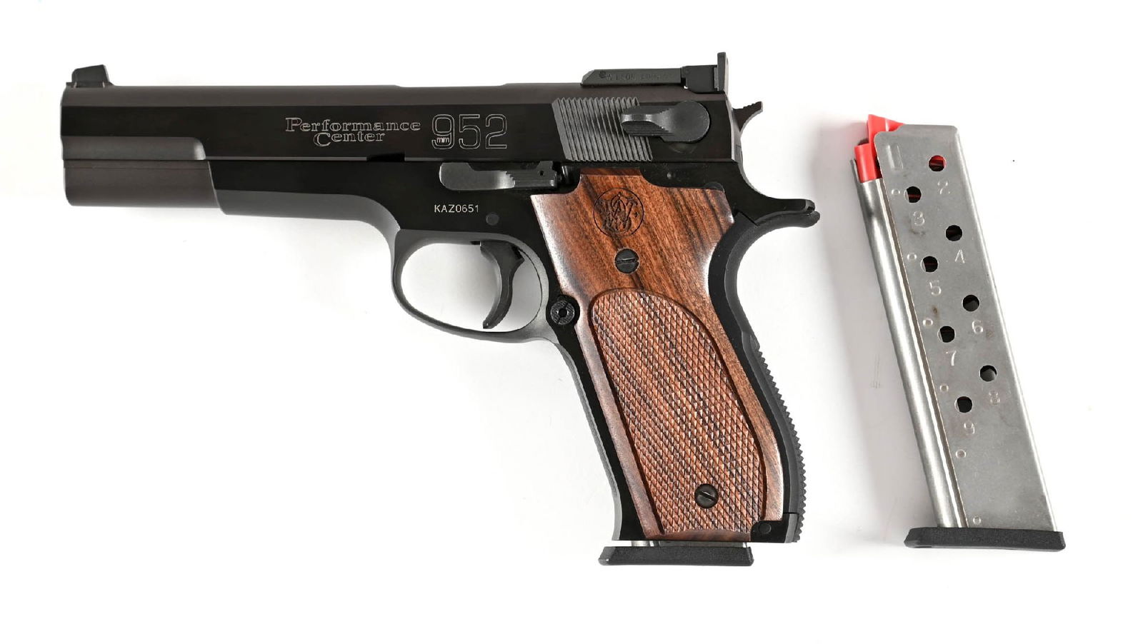 (M) SMITH & WESSON PERFORMANCE CENTER MODEL 952-1 SEMI-AUTOMATIC PISTOL WITH CASE: Hand fitted and polished, featuring a titanium-coated bushing, a target adjustable rear sight, a wide rib, checkered mainspring housing, finely serrated front strap, dual tone blue finish, and S&W che