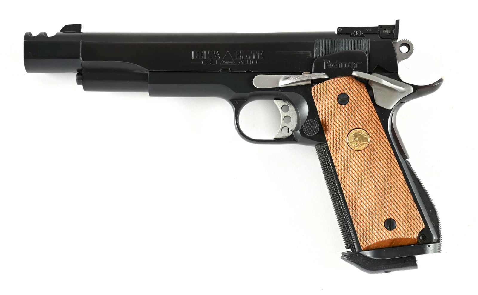 (M) LA ROCCA CUSTOM COLT DELTA ELITE 10MM SEMI-AUTOMATIC PISTOL.: This pistol features a blued finish, an extended ported barrel extension with front sight moved to the extension, a Bo-Mar adjustable rear sight, satin stainless ambidextrous safety, lightweight trigg