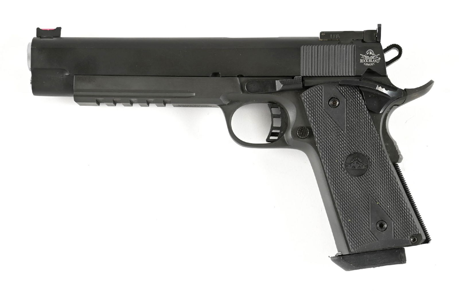 (M) ROCK ISLAND ARMORY MATCH TACTICAL 1911 SEMI-AUTOMATIC PISTOL.: LPA adjustable target rear sight, red fiber optic front sight, Picatinny rail, beavertail grip safety, ambidextrous safety, lightweight hammer, lightweight trigger, checkered flat mainspring housing,