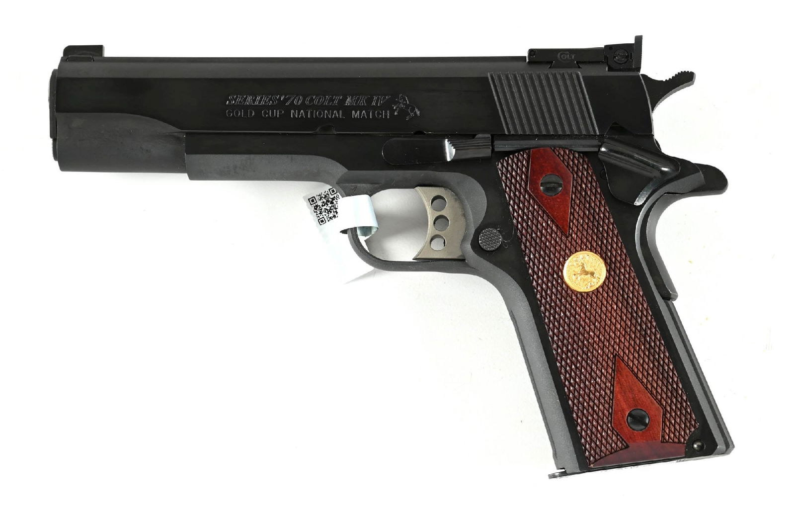 (C) COLT MK IV SERIES 70 GOLD CUP NATIONAL MATCH SEMI-AUTOMATIC 1911 PISTOL WITH CASE.: This match pistol dates to 1971 and features the dual tone blue finish, wide slide rib, Colt adjustable target rear sight, beveled ejection port, lightweight trigger, serrated flat mainspring housing,