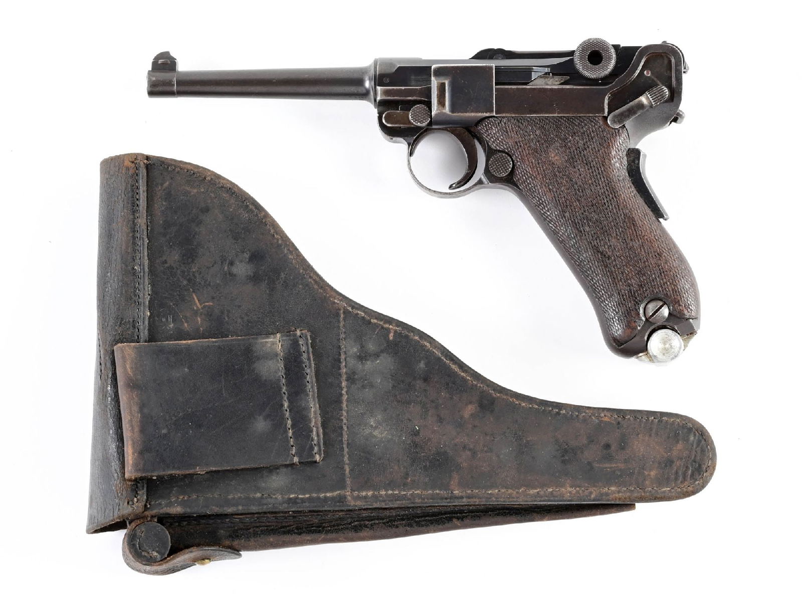 (C) BRAZILIAN CONTRACT DWM MODEL 1906 SEMI-AUTOMATIC LUGER PISOL.: B in a circle proof on the left front of the receiver. DWM in script on the front toggle link. Two piece checkered wood grips with a grip safety. It has an aluminum bottom magazine and comes with a po