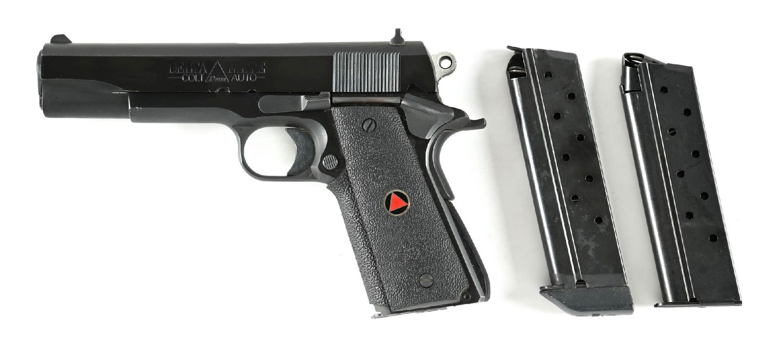 (M) COLT DELTA ELITE SEMI-AUTOMATIC PISTOL.: Finished in dual tone blue with a lightweight hammer, a white dot wind drift rear sight, a white dot front sight, and the rubber grips with enameled Delta medallions. Comes with a Colt soft case and t