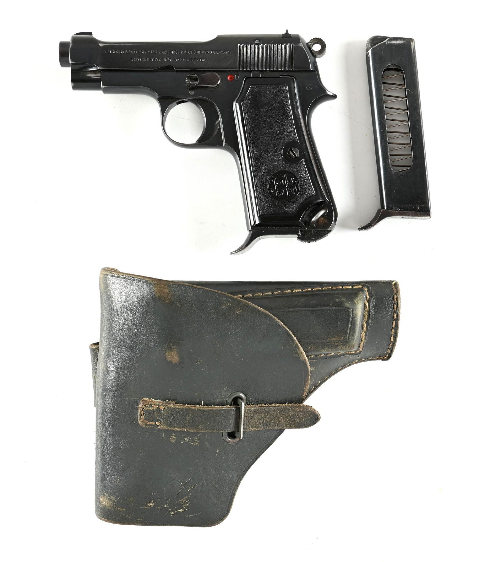 (C) BERETTA MODEL 1934 SEMI-AUTOMATIC PISTOL ISSUED TOREGIA AERONAUTICA THE REGIA AERONAUTICA.: Issued to Italy's Royal Air Force. Standard blued version with the RF stamp on left side of frame. Right side of frame shows the IVU military inspection stamp. Pistol features a wind drift rear sight,
