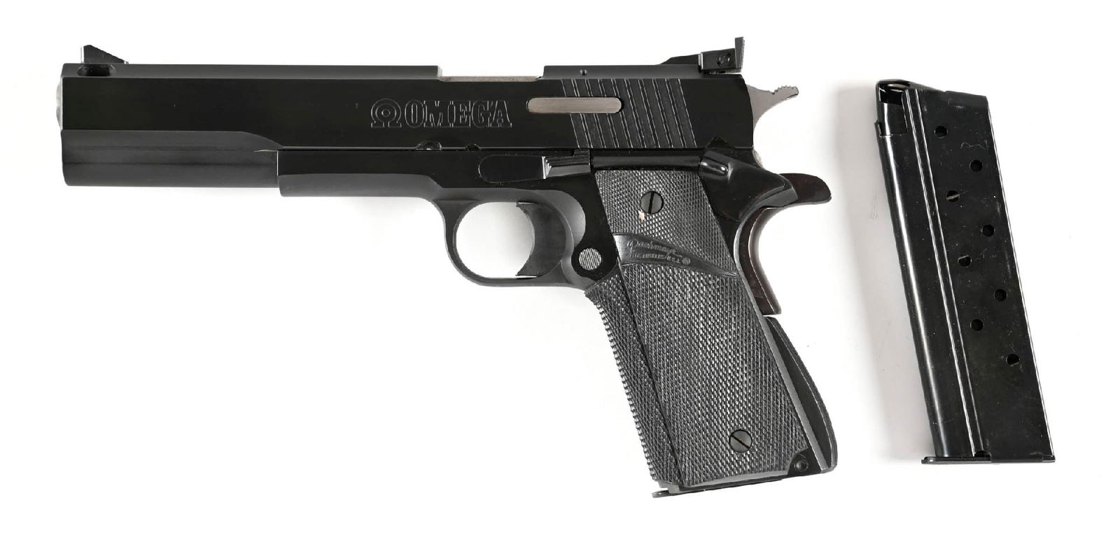 (M) SPRINGFIELD OMEGA LONG SLIDE 10MM SEMI-AUTOMATIC PISTOL.: Built along the 1911 platform and only produced from 1987 through 1990. Features the long slide, dual tone blue finish, a Peters Stahl adjustable rear sight, ported slide, arched mainspring housing, a