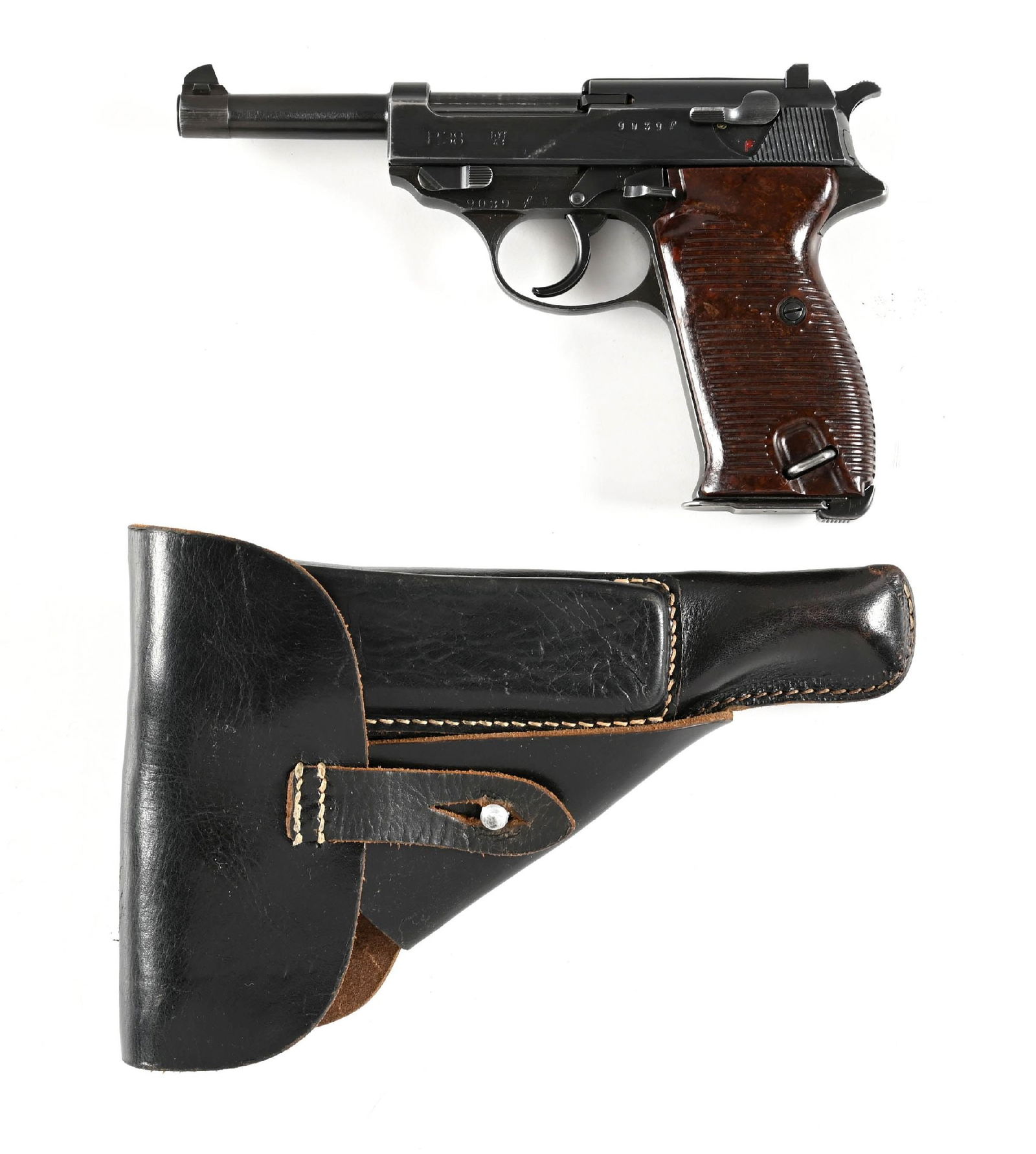 (C) MASUER BYF P.38 SEMI-AUTOMATIC PISTOL WITH HOLSTER.: Standard mid war production of the venerable P-38. The waffenamt 135 inspection stamp is on the left side of frame along with three similar stamps on the right side of slide. Finish is standard war ti
