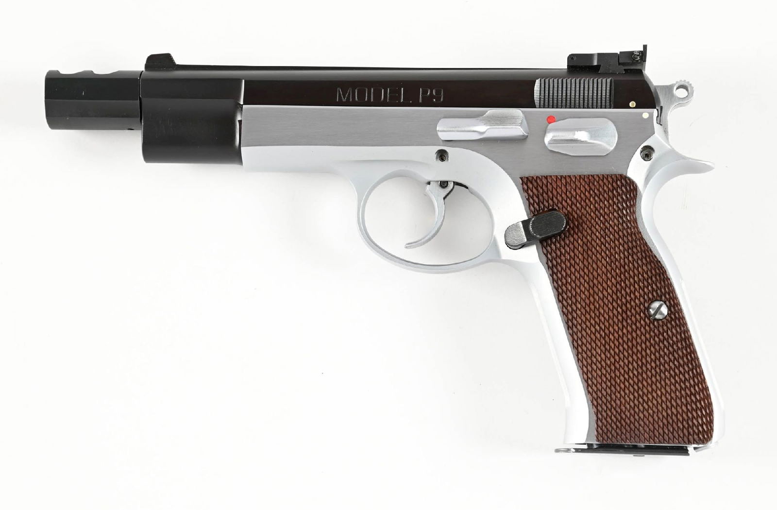 (M) SPRINGFIELD ARMORY FACTORY COMP P9 SEMI-AUTOMATIC PISTOL WITH FACTORY COMP.: This was their premier target pistol, basically a modified CZ-75 built by Tanfoglio for Springfield Armory. It is stamped "FACTORY COMP" on the right side of slide. The frame is stainless sporting a b