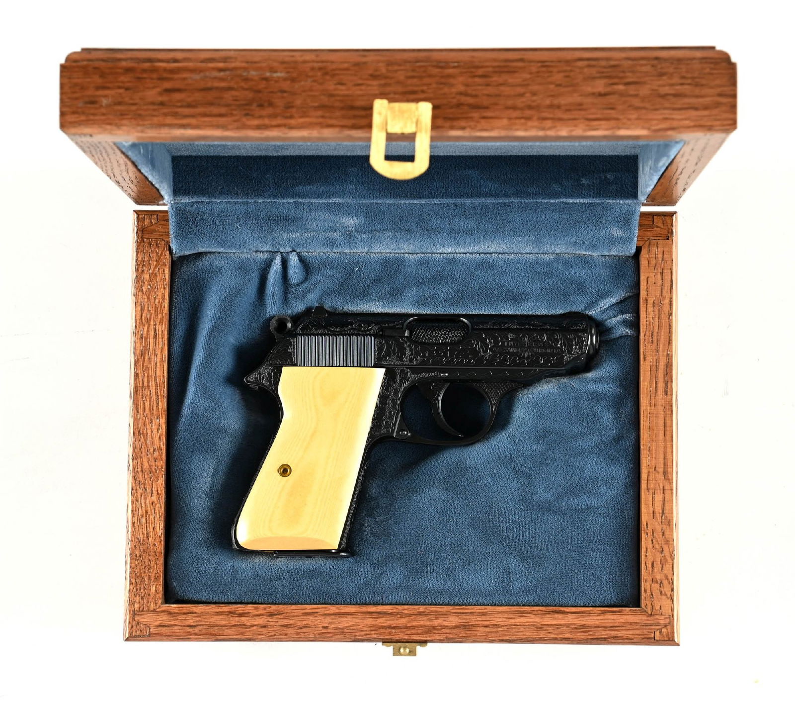 (M) ENGRAVED WALTHER PPK/S .22 SEMI-AUTOMATIC PISTOL WITH CASE AND BOX.: Made by Carl Walther in West Germany with the "(eagle) N" proofs and imported by Interarms, whose legend is stamped on the left side of the slide. This pistol is hand engraved in the typical German oa