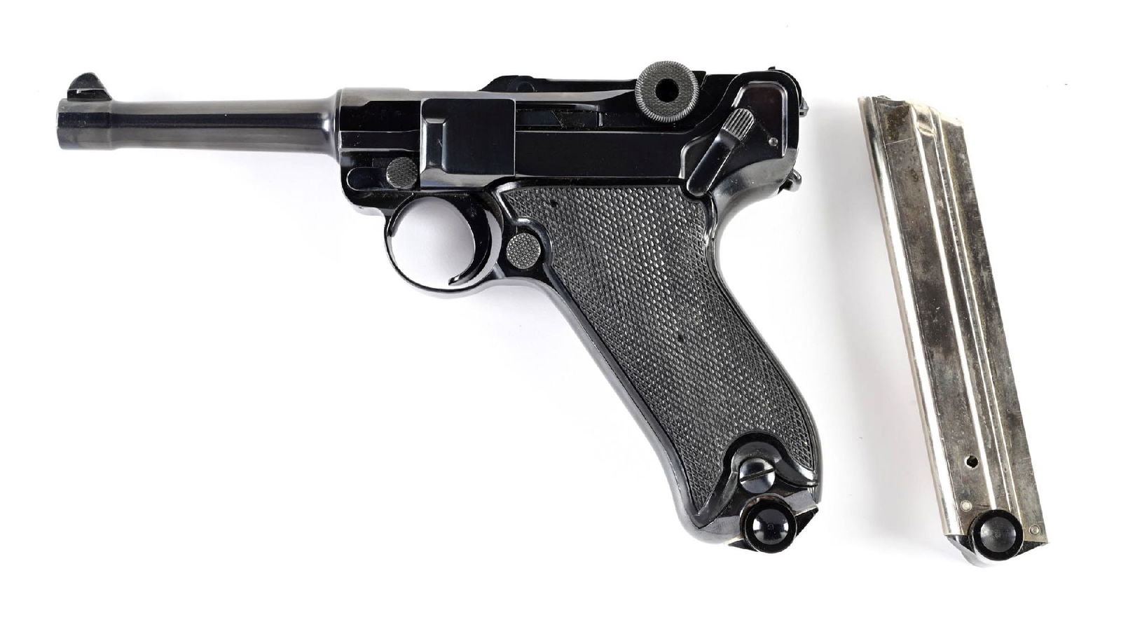 (C) DWM P.08 LUGER SEMI AUTOMATIC PISTOL.: First series luger. No stock lug and the hold open device has been added. Black plastic reproduction grips. Two modern reproduction magazines. CONDITION: This gun has been buffed and reblued. The grip