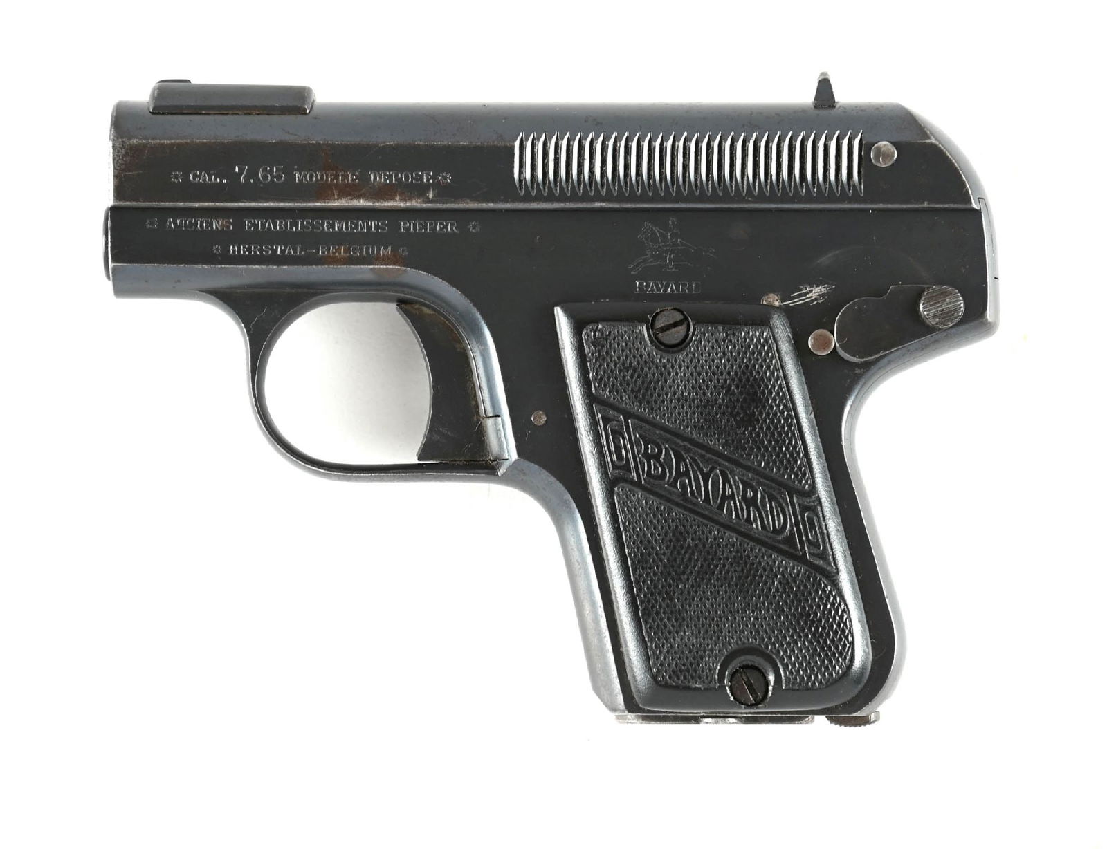 (C) BELGIUM PIEPER BAYARD MODEL 1908 SEMI-AUTOMATIC PISTOL.: Sports the blue finish and gutta percha grips. CONDITION: Fine. Retains at least 90% blue with some patina toning on straps and some light age oxidation. Grips are fine. Bore shows light frosting. Bar
