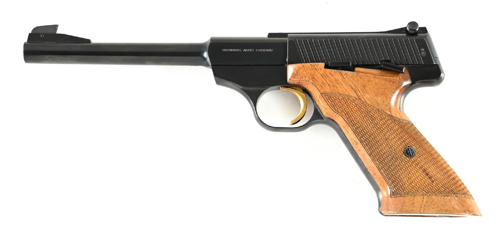 (M) BELGIAN BROWNING CHALLENGER SEMI-AUTOMATIC TARGET PISTOL.: Features the high polish blued finish, target rear sight, gold washed trigger, and checkered walnut target grips. CONDITION: Shows in near new condition with nominal handling marks. Mechanically sound