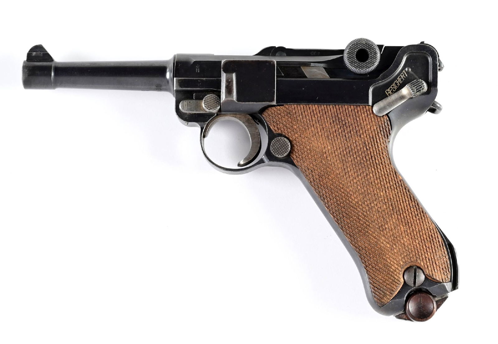 (C) DWM 1923 COMERCIAL LUGER SEMI AUTOMATIC PISTOL.: DWM in script on the front toggle link. Crown N proofs on the barrel, left side of the receiver and on the left side of the toggle. "GERMANY" export stamped on the right front of the receiver. All mat