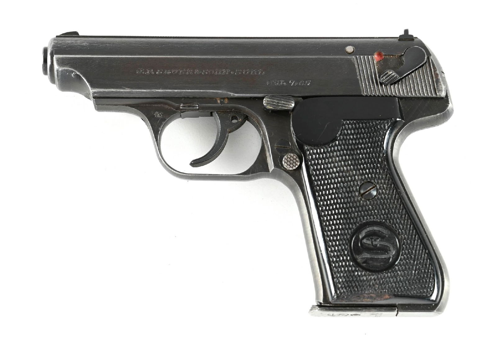 (C) GERMAN MILITARY INSPECTED JP SAUER SOHN MODEL 38H SEMI-AUTOMATIC PISTOL.: Produced from 1938 through 194. Standard blue war time finish, matted barrel rib, a wind drift rear sight, and checkered black composition grips. "(Eagle) / N" proof on both slide and frame. The calib