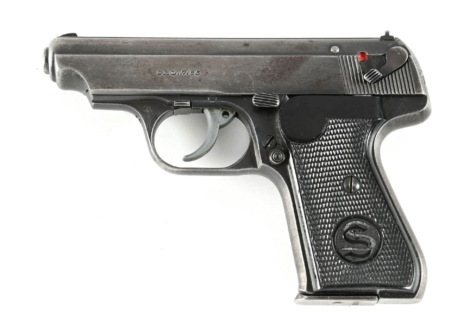 (C) GERMAN MILITARY INSPECTED JP SAUER SOHN MODEL 38H SEMI-AUTOMATIC PISTOL.: Standard blue war time finish, a matted barrel rib, a wind drift rear sight, and black checkered composition grips. "(Eagle) / N" proof on both slide and frame. Only the caliber is stamped on left sid