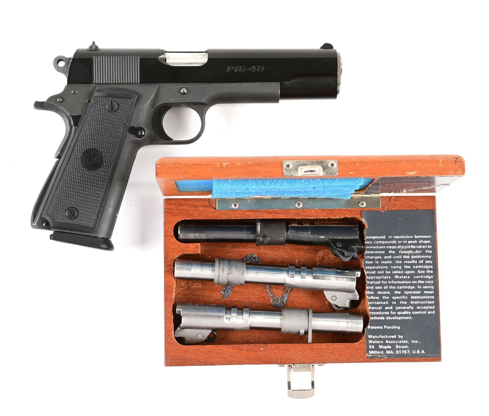 (M) PARA-ORDNANCE P-16 DOUBLE STACK 1911 SEMI-AUTOMATIC PISTOL.: Dual tone blue finish, light weight hammer, beveled ejection port, wind drift rear sight, white dot front, monogram rubber grips and in box. Fit with a .357 Sig barrel, and comes with three extra barr