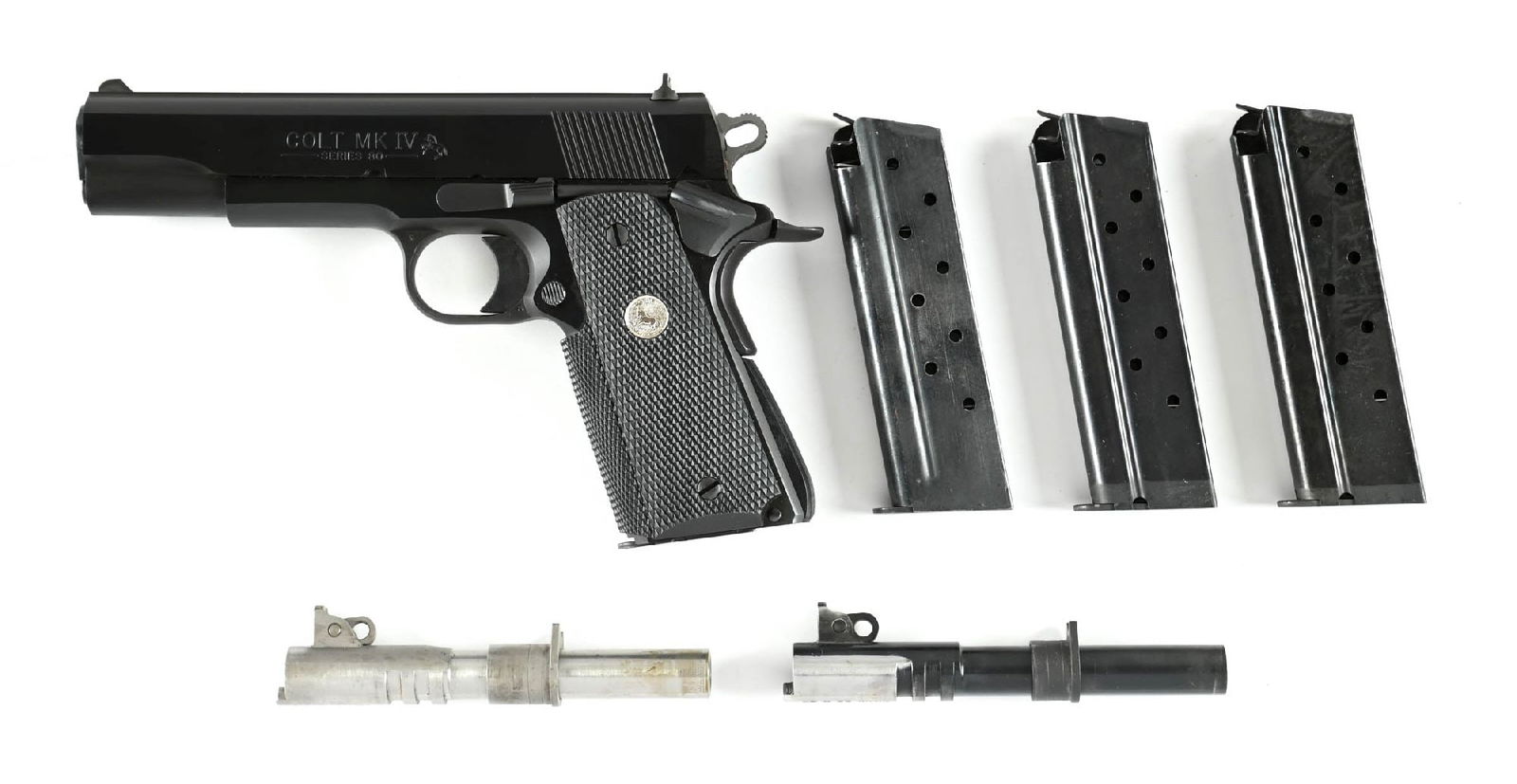 (M) COLT MK IV SERIES 80 1911-A1 9MM GOVERNMENT MODEL SEMI-AUTOMATIC PISTOL.: Features the dual tone blue finish, flat top slide rib, white dot sight with wind drift rear, beveled ejection port, lightweight hammer and rubber grips with Colt silver medallions. Comes with a 9x23