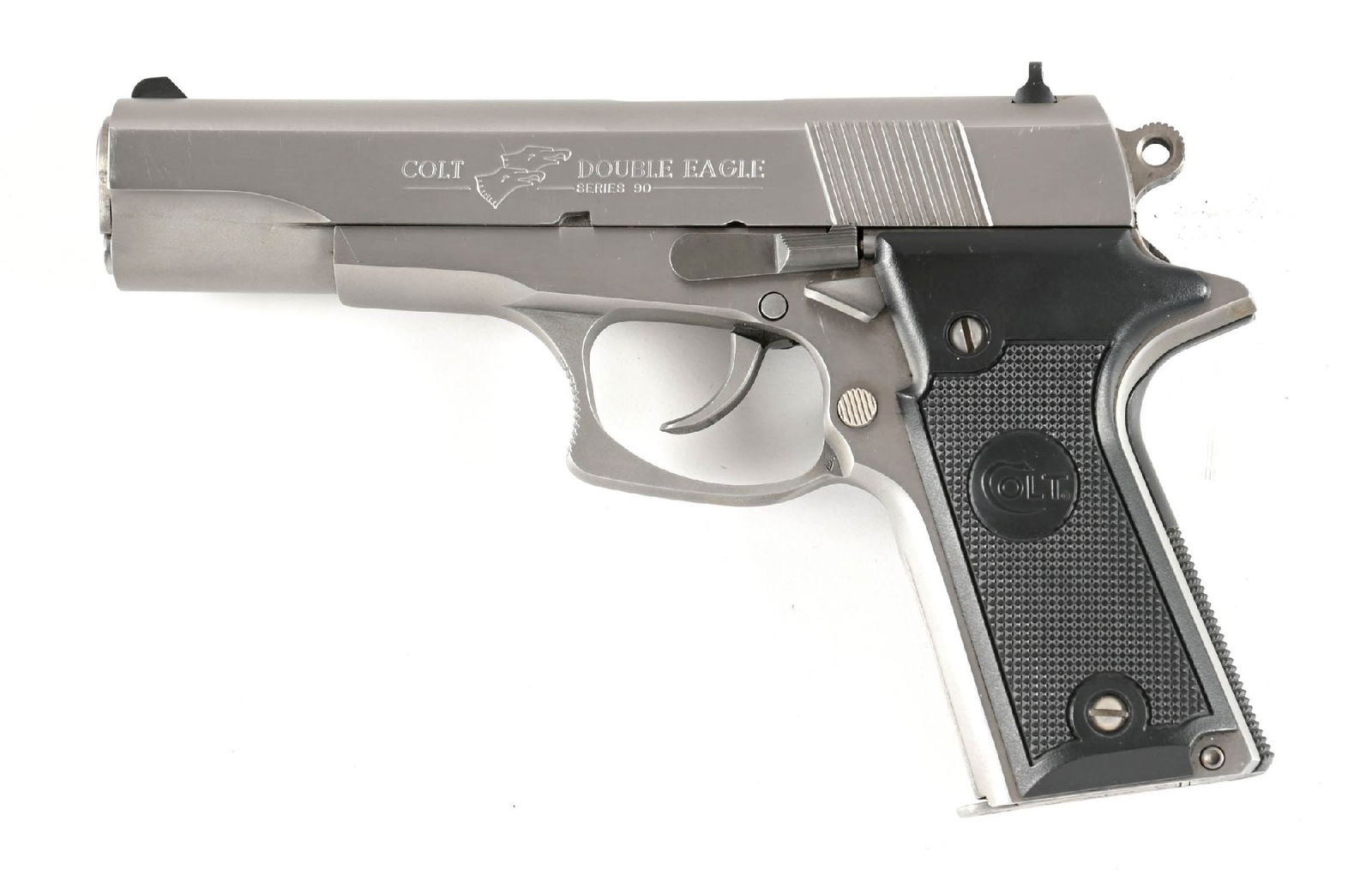 (M) COLT SERIES 80 DOUBLE EAGLE SEMI-AUTOMATIC PISTOL.: This is the stainless version built along the lines of a 1911 but designed as a double action featuring a wind drift rear sight, lightweight hammer, straight mainspring housing, Colt black composition