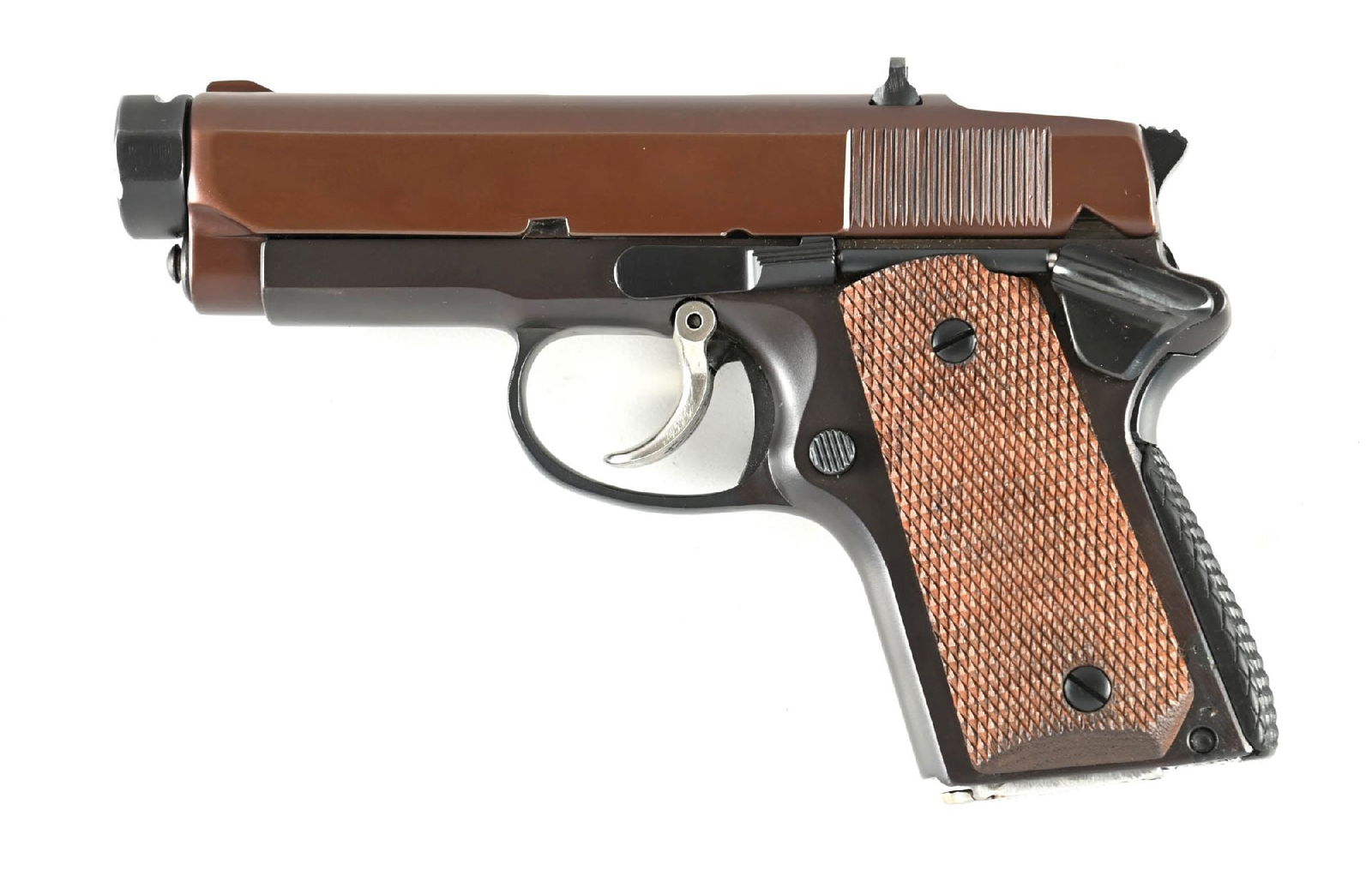 (M) TSW CONVERSIONS .45 ACP SEMI-AUTOMATIC PISTOL AFTER THE DETONICS COMBAT MASTER.: The Detonics Combat Master was a very popular subcompact conversion of the 1911, and inspired many clones like this one. Made by TSW Conversions with the silhouette of a Combat Master with distinct sc