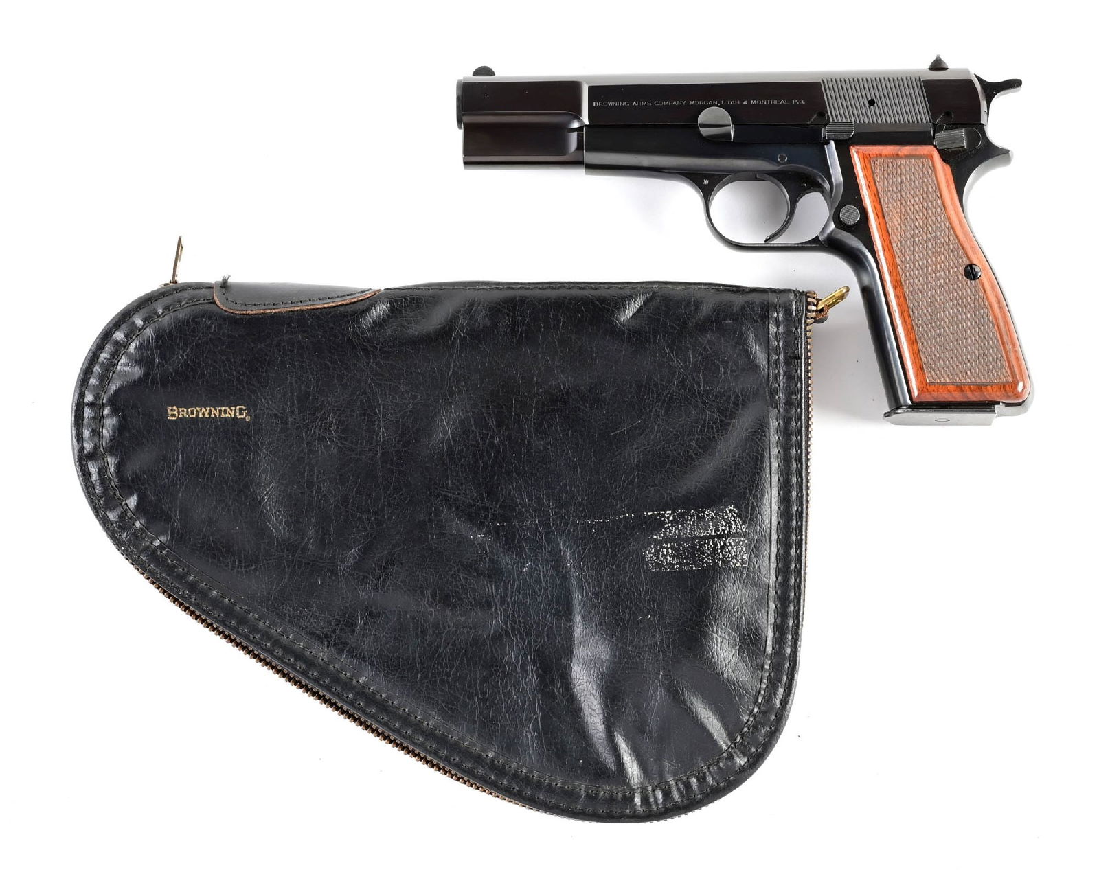 (M) FINE BELGIAN BROWNING HI-POWER SEMI-AUTOMATIC PISTOL WITH CASE.: Manufactured in 1982 by FN in Belgium. Factory polished blue finish. Standard half moon front sight and drift adjustable square notch rear. Spur hammer. Checkered walnut grips. Externally visible numb